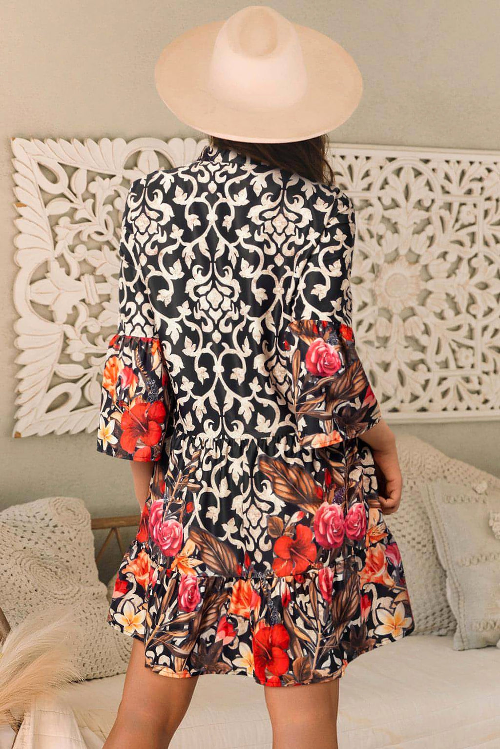 Black Retro Floral Mixed Print Split Neck A-line Dress - enhanced image 2