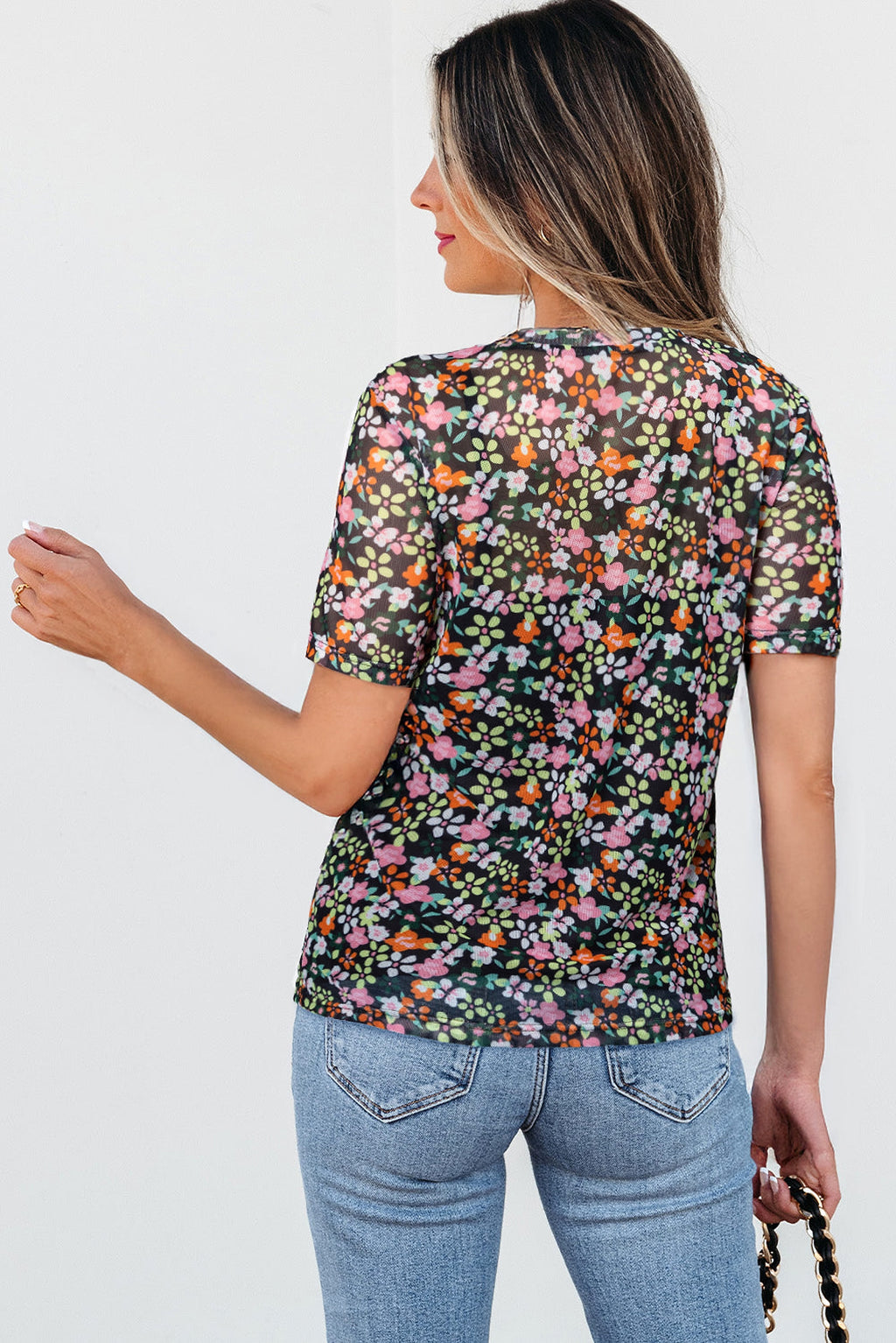 Black Sheer Floral Mesh Round Neck T Shirt - enhanced image 2