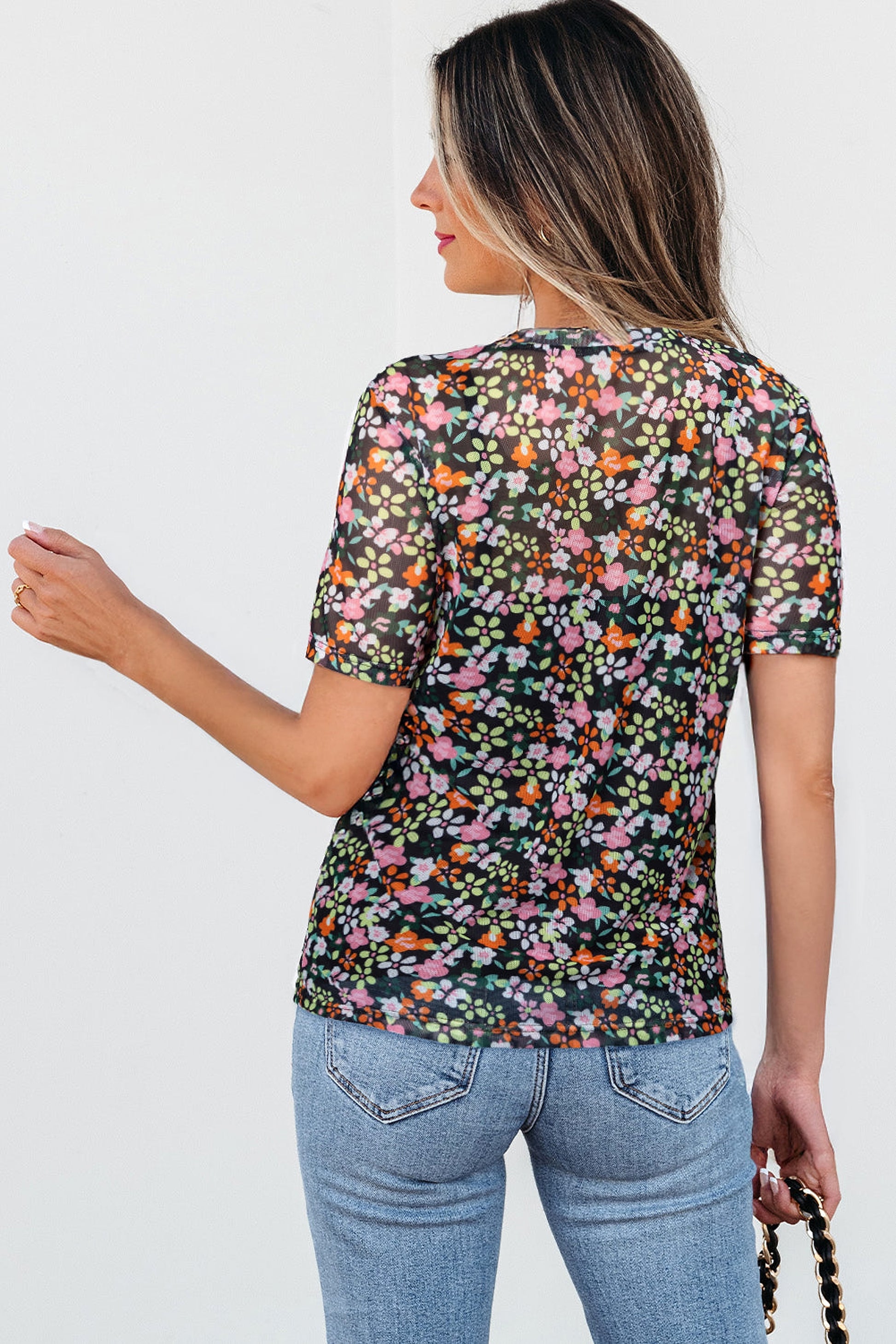 Black Sheer Floral Mesh Round Neck T Shirt - enhanced image 2