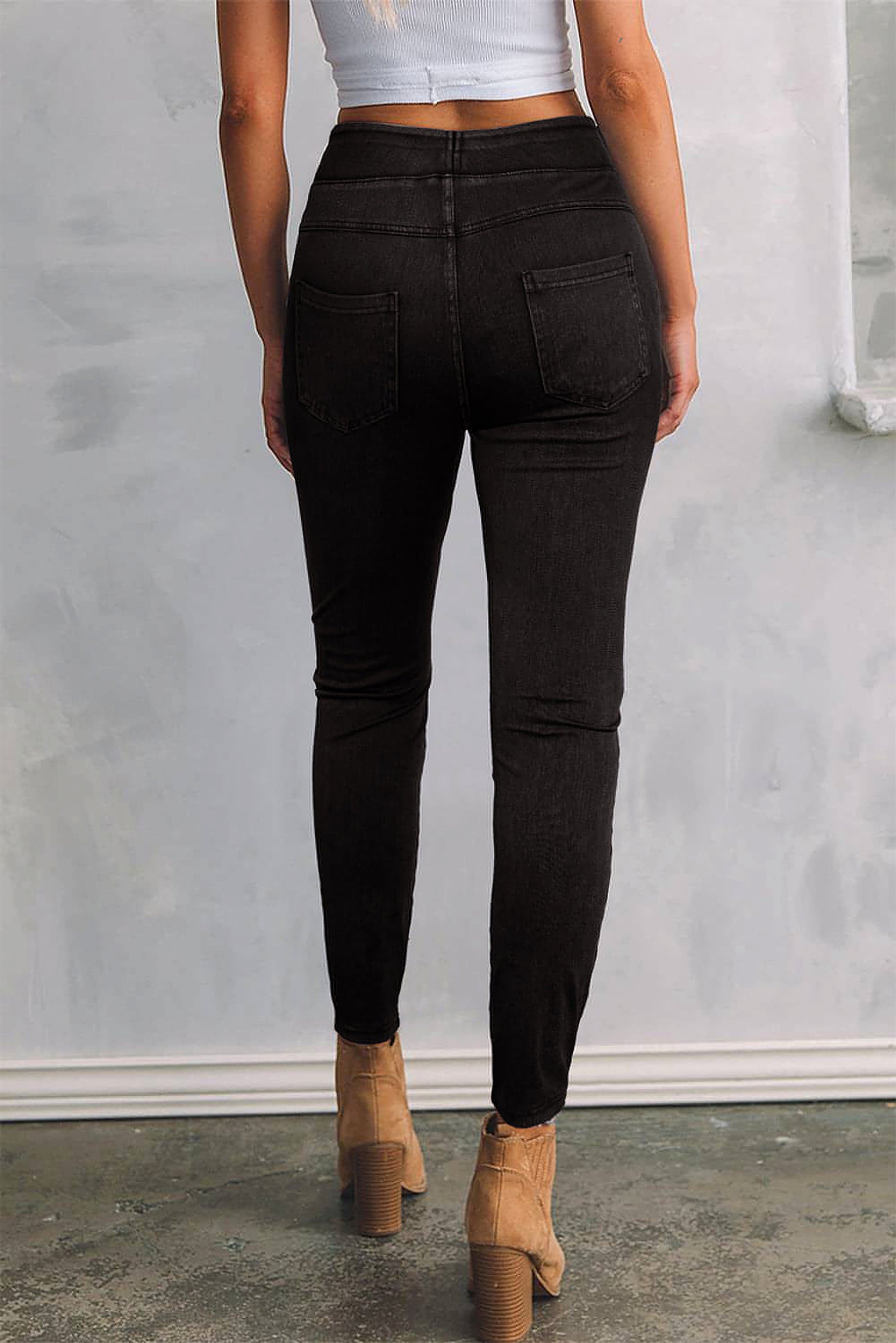 Black Solid Color High Waist Stretchy Slim Fit Jeggings - enhanced image 2