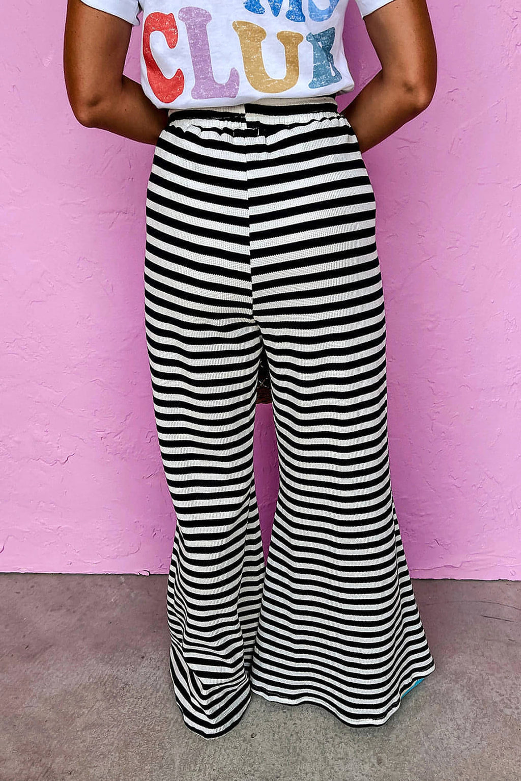 Black Stripe Lace-up Waist Casual Flared Pants - enhanced image 2