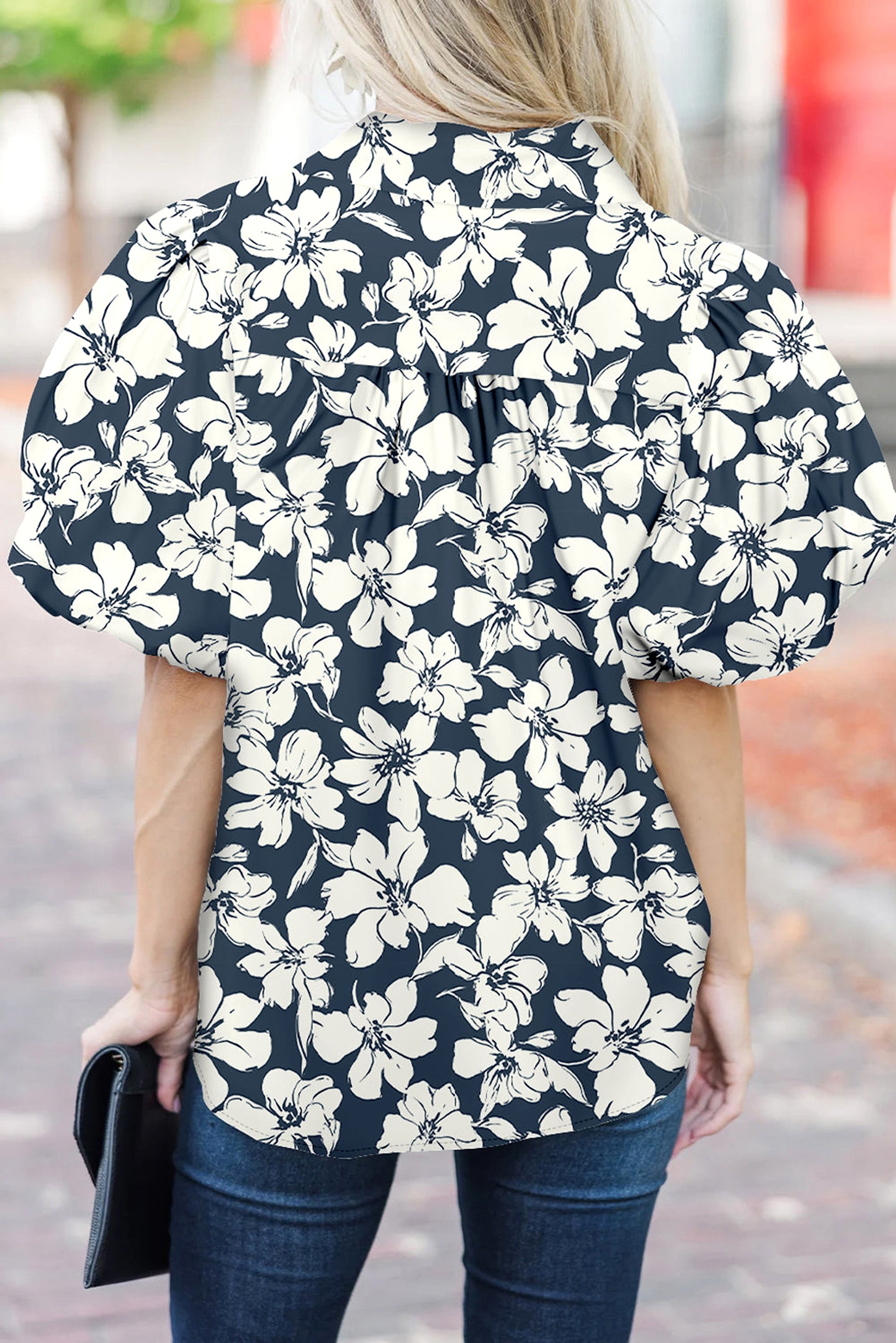 Blue Floral Short Puff Sleeve Summer Shirt - enhanced image 2