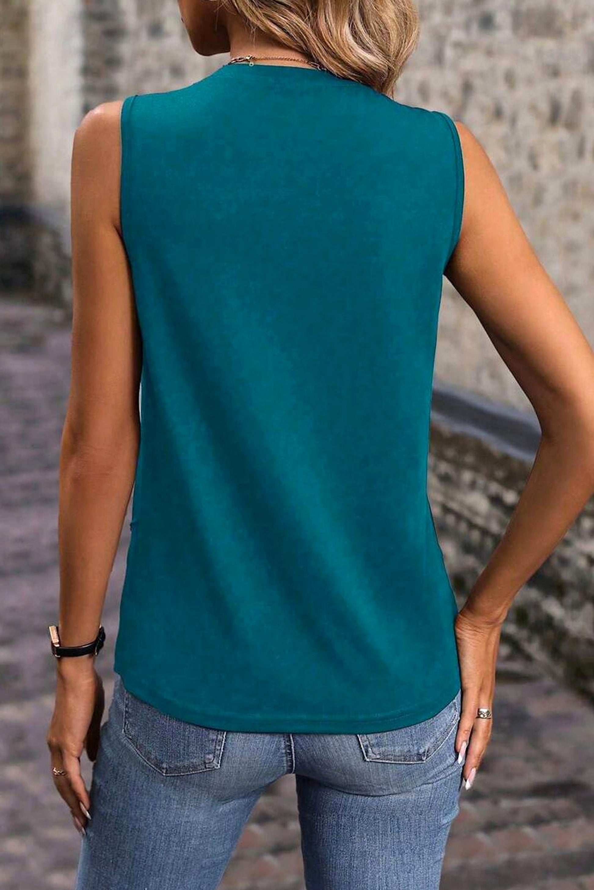 Blue Sapphire Solid Color Stitching Detail Round Neck Tank Top - enhanced image 2