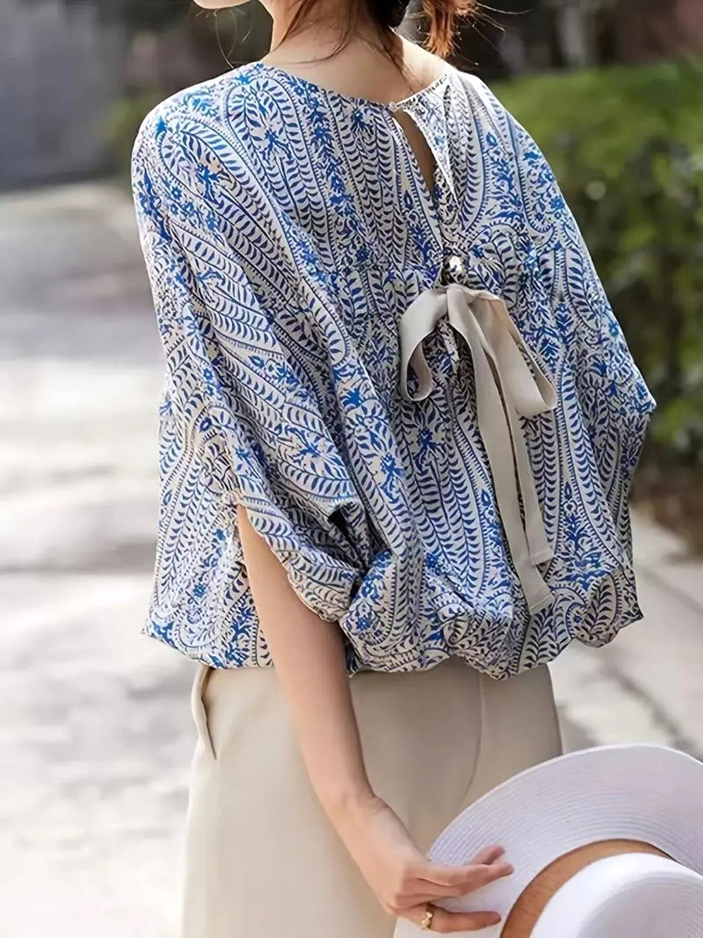 Bohemian Print Round Neck Loose Batwing Sleeve Blouse - enhanced image 2