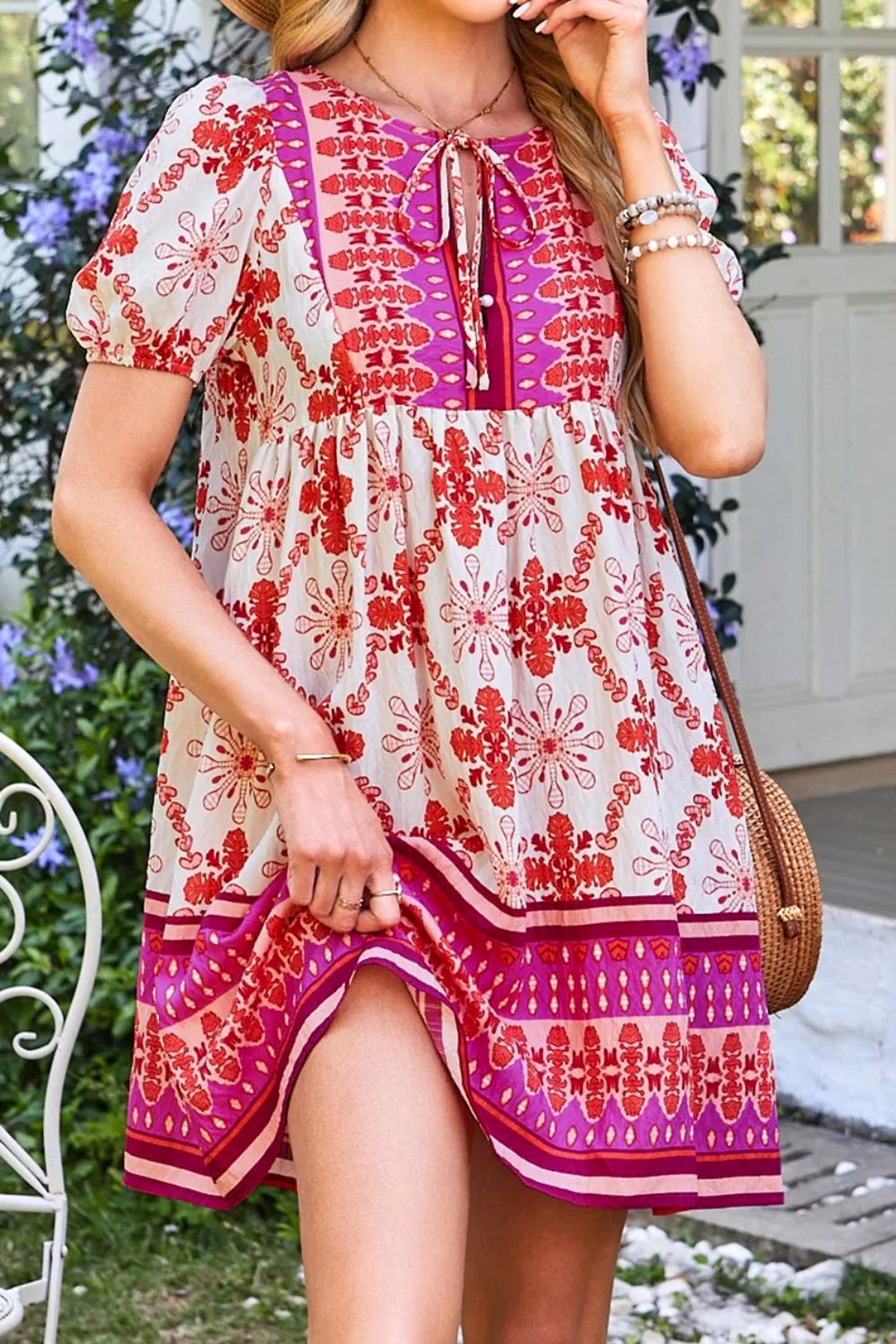 Boho Floral Short Sleeve Tie Neck Mini Dress - enhanced image 2