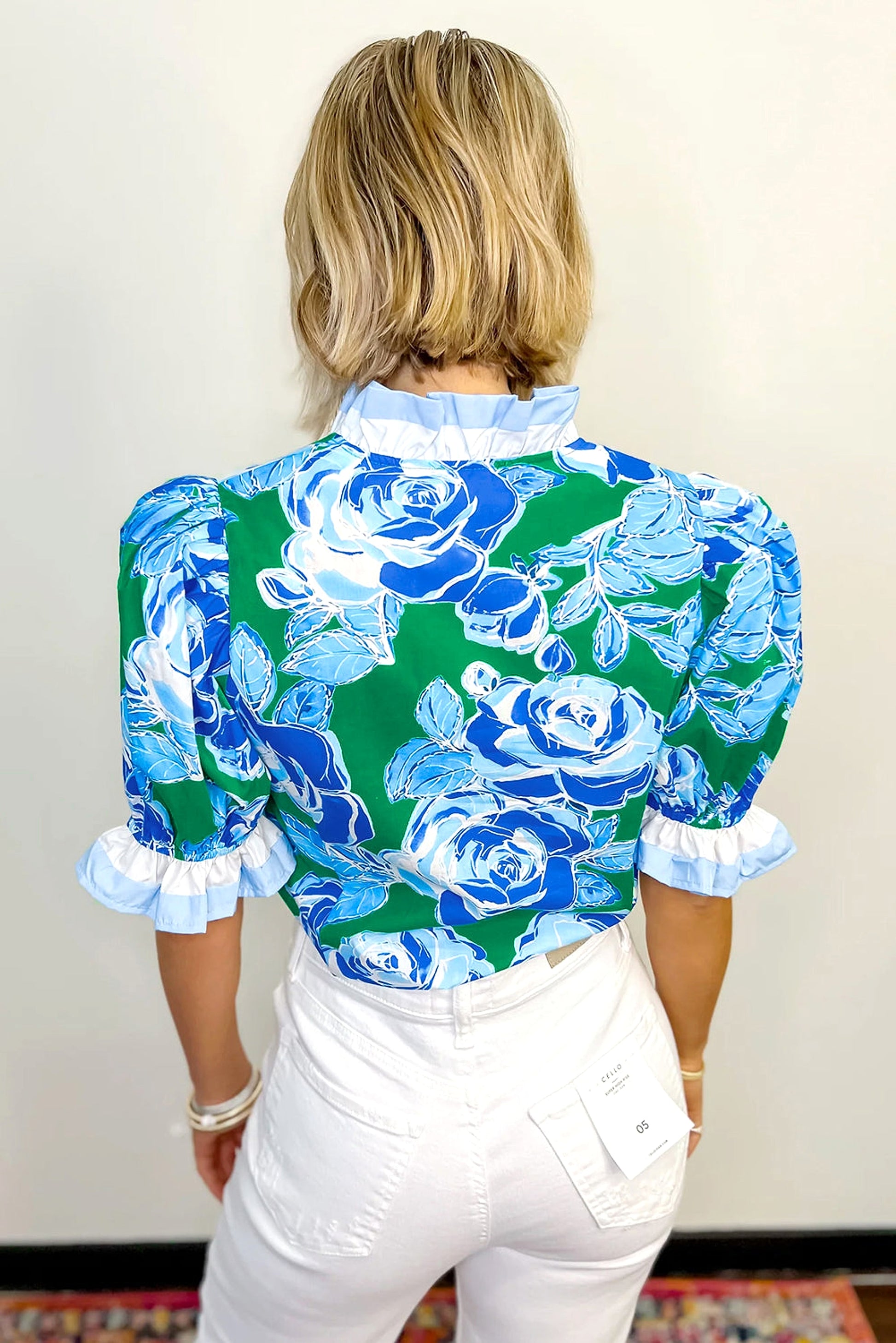 Bright Green Floral Frilled V Neck Short Sleeve Blouse Top - enhanced image 2