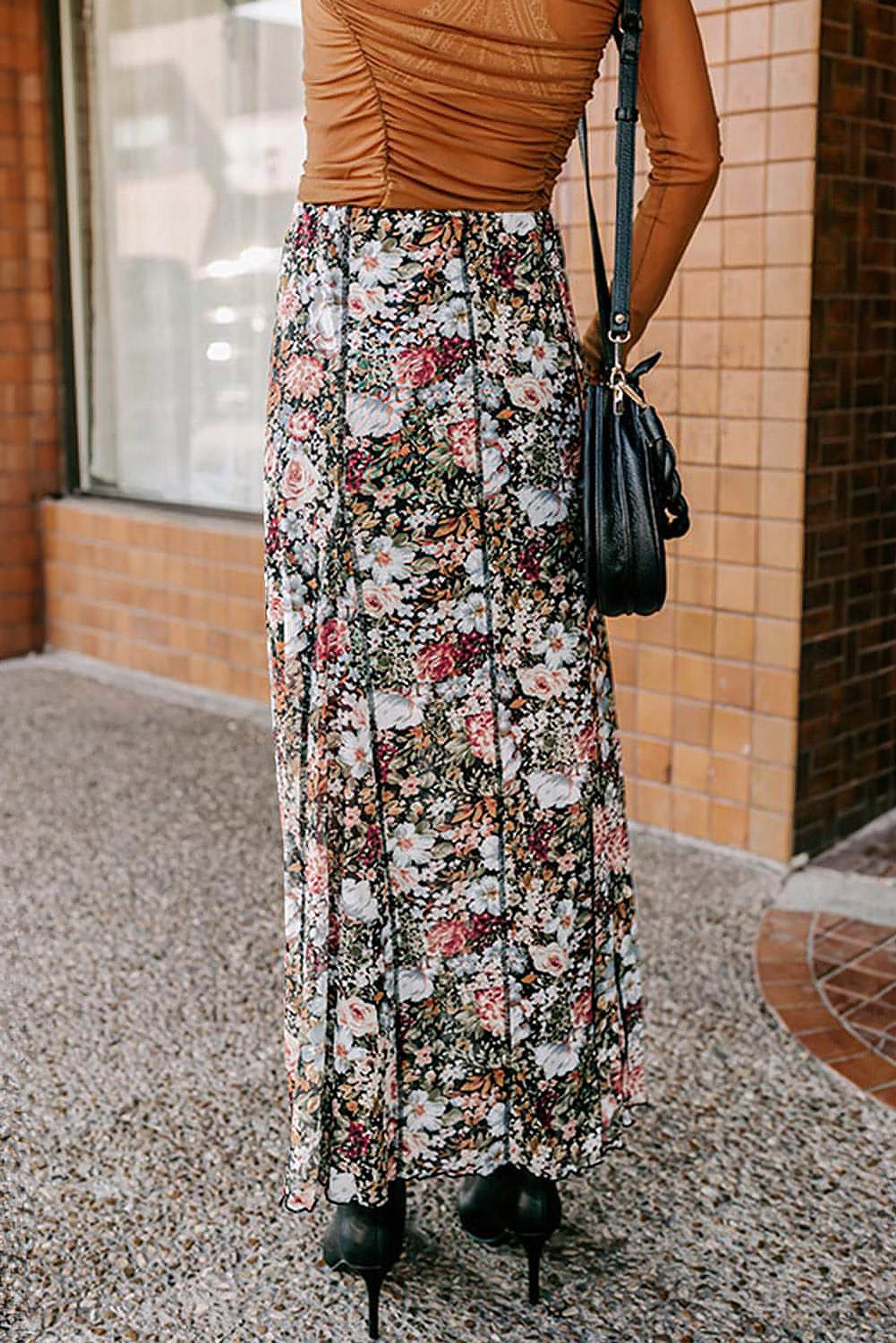 Brown Floral Print High Waist Maxi Skirt - enhanced image 2