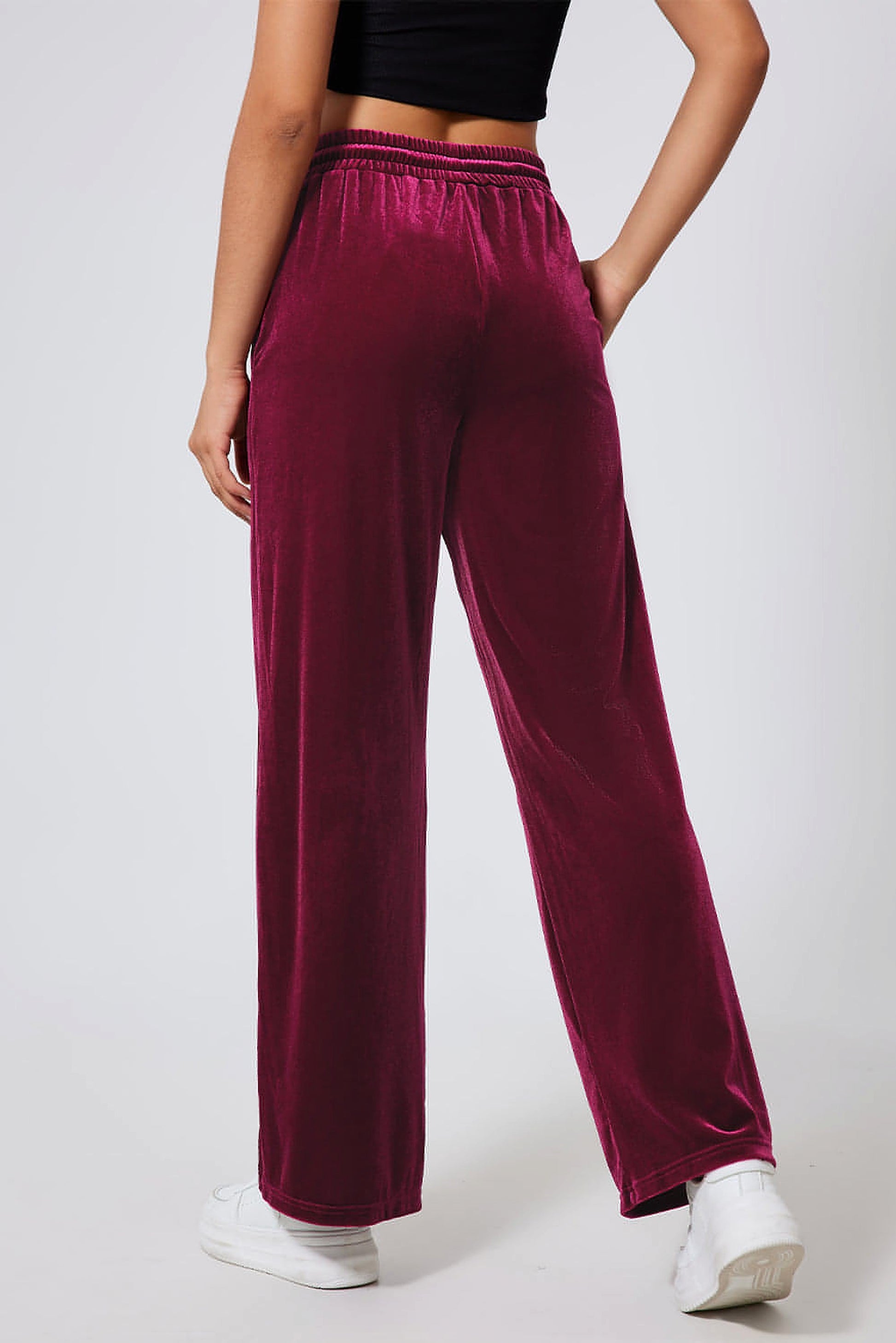 Burgundy Solid Drawstring Waist Wide Leg Pants - enhanced image 2