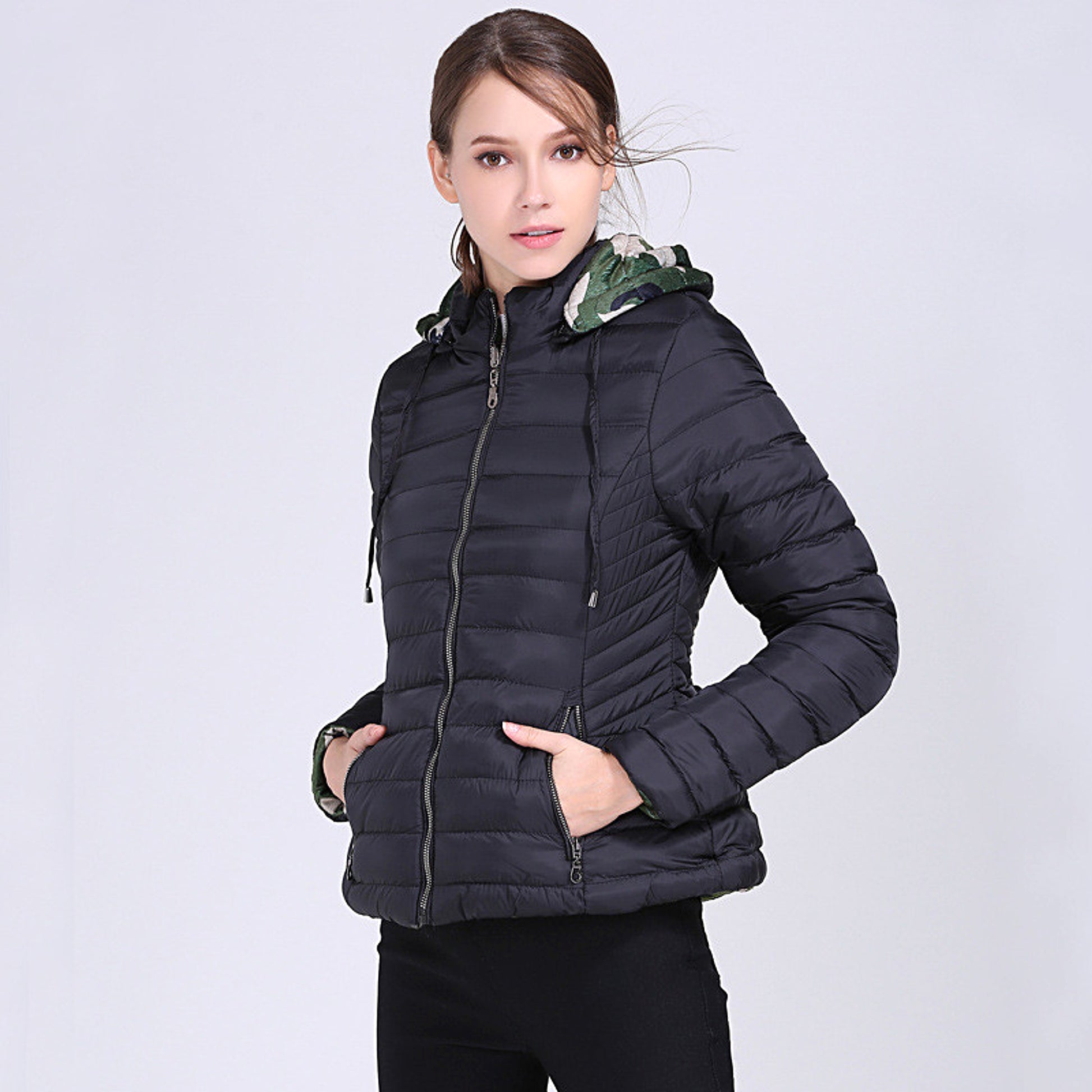 Camouflage Solid Color Double-Sided Cotton Jacket Women - enhanced image 2