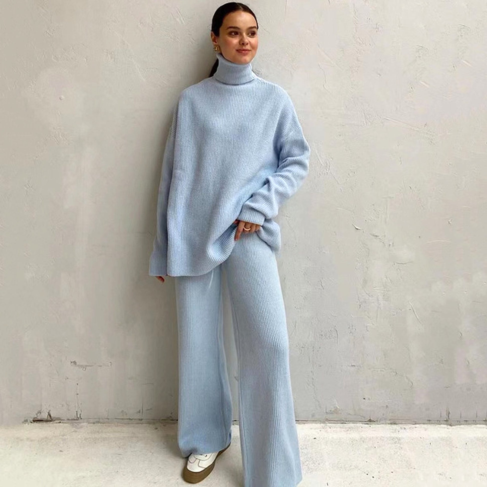 Casual Knitted Two-piece Turtleneck And Wide Leg Pants Women Loose Pullover Sweater - enhanced image 2