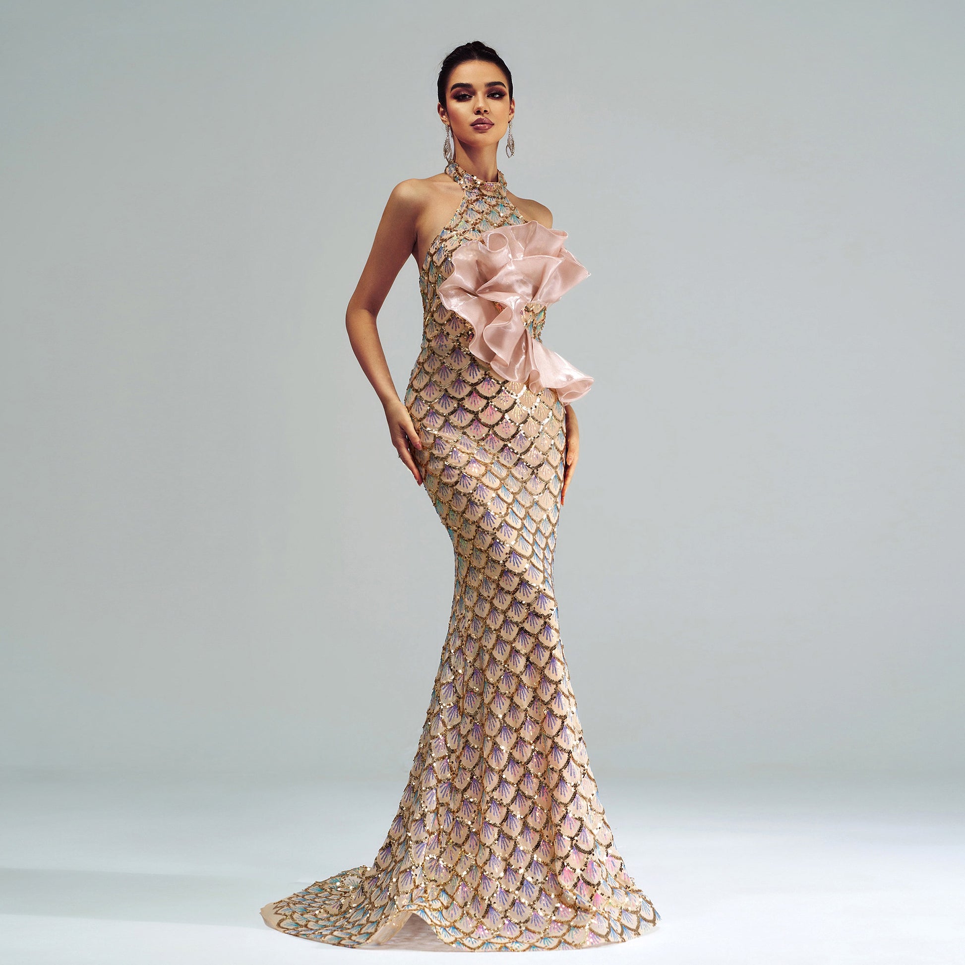 “Champagne Glam” Halter Mermaid Dress – Luxury for Elite Occasions - enhanced image 2