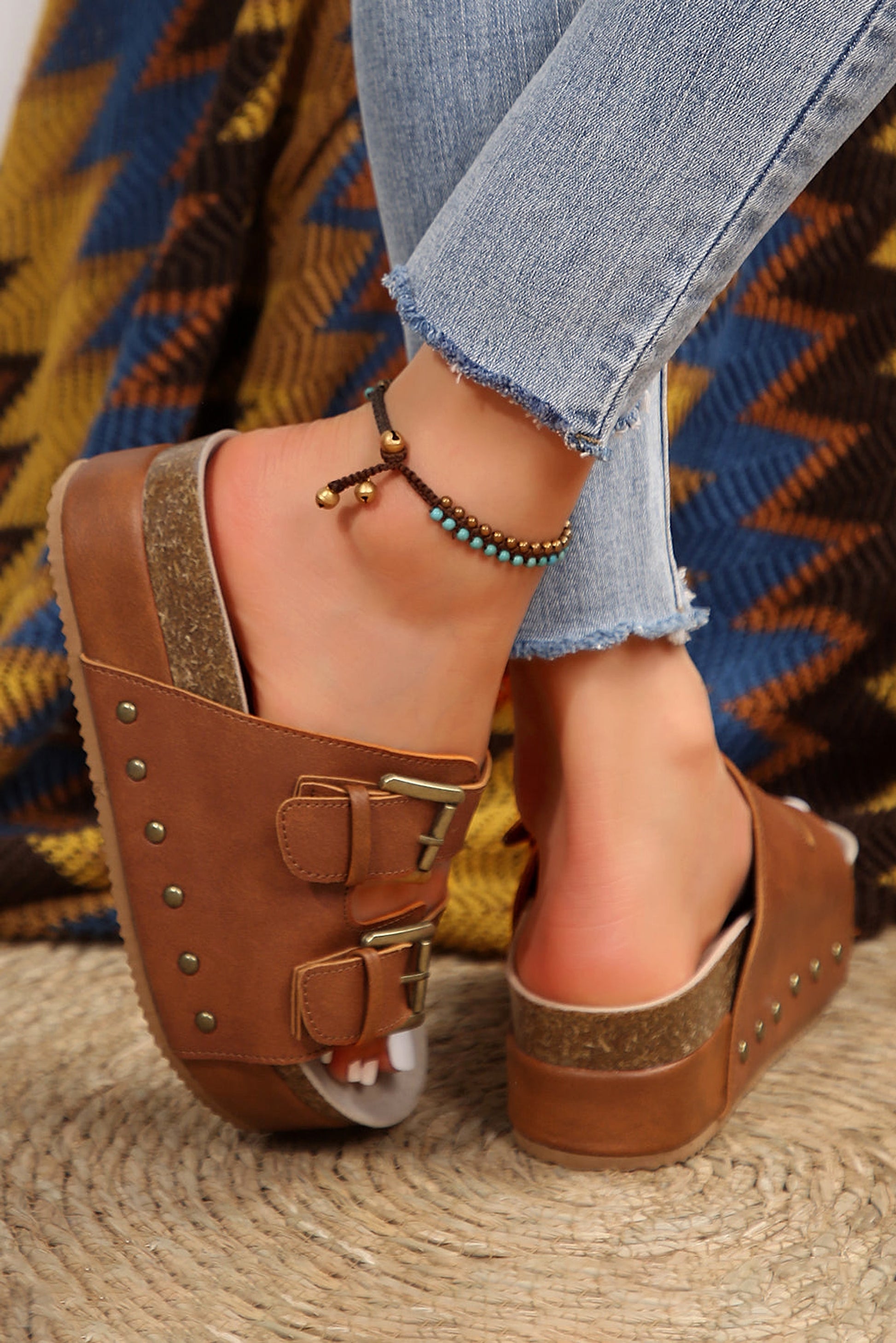 Chestnut Dual Buckle Studded Platform Sandal Slippers - enhanced image 2