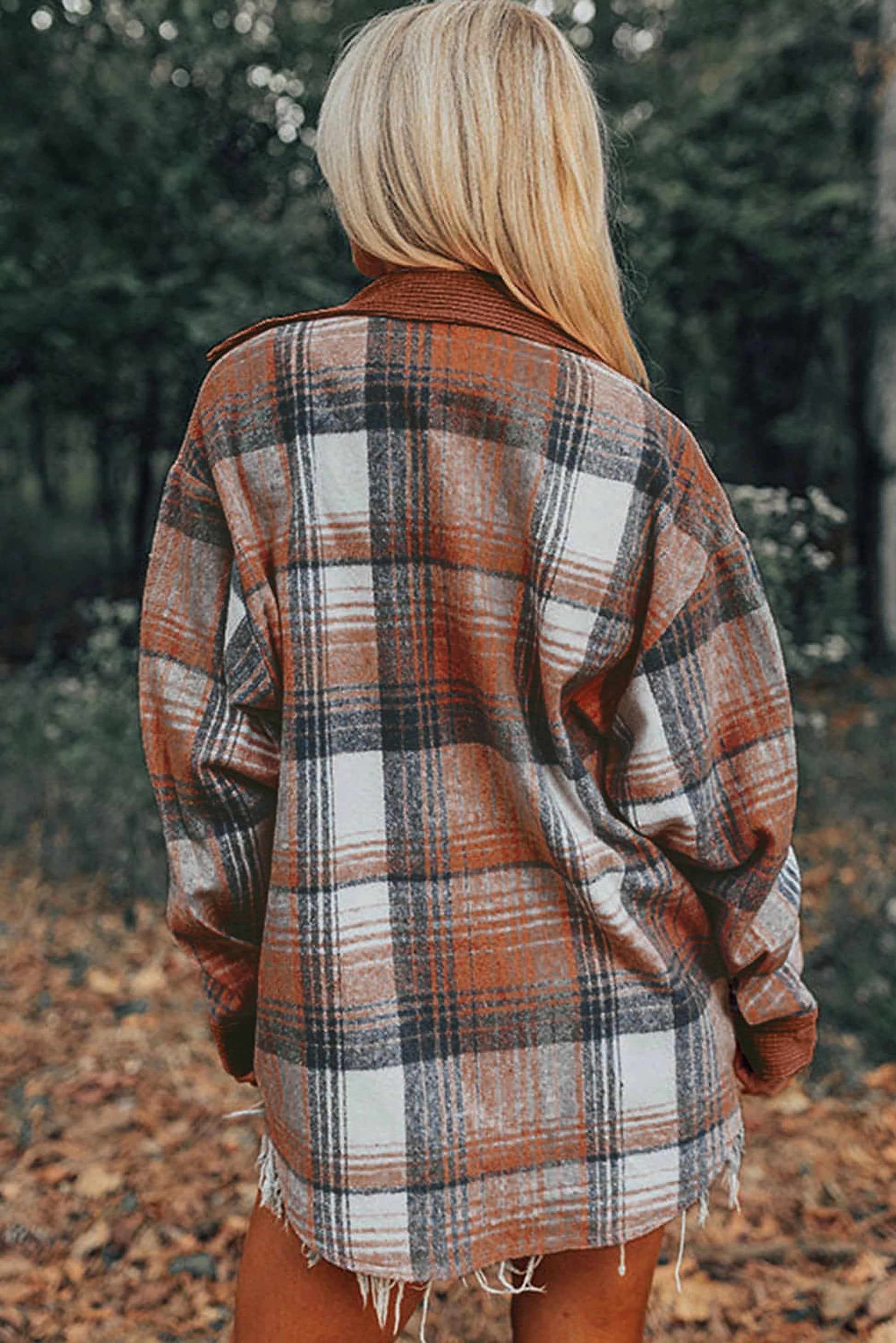 Cinnamon Plaid Corduroy Patchwork Chest Pocket Shacket - enhanced image 2