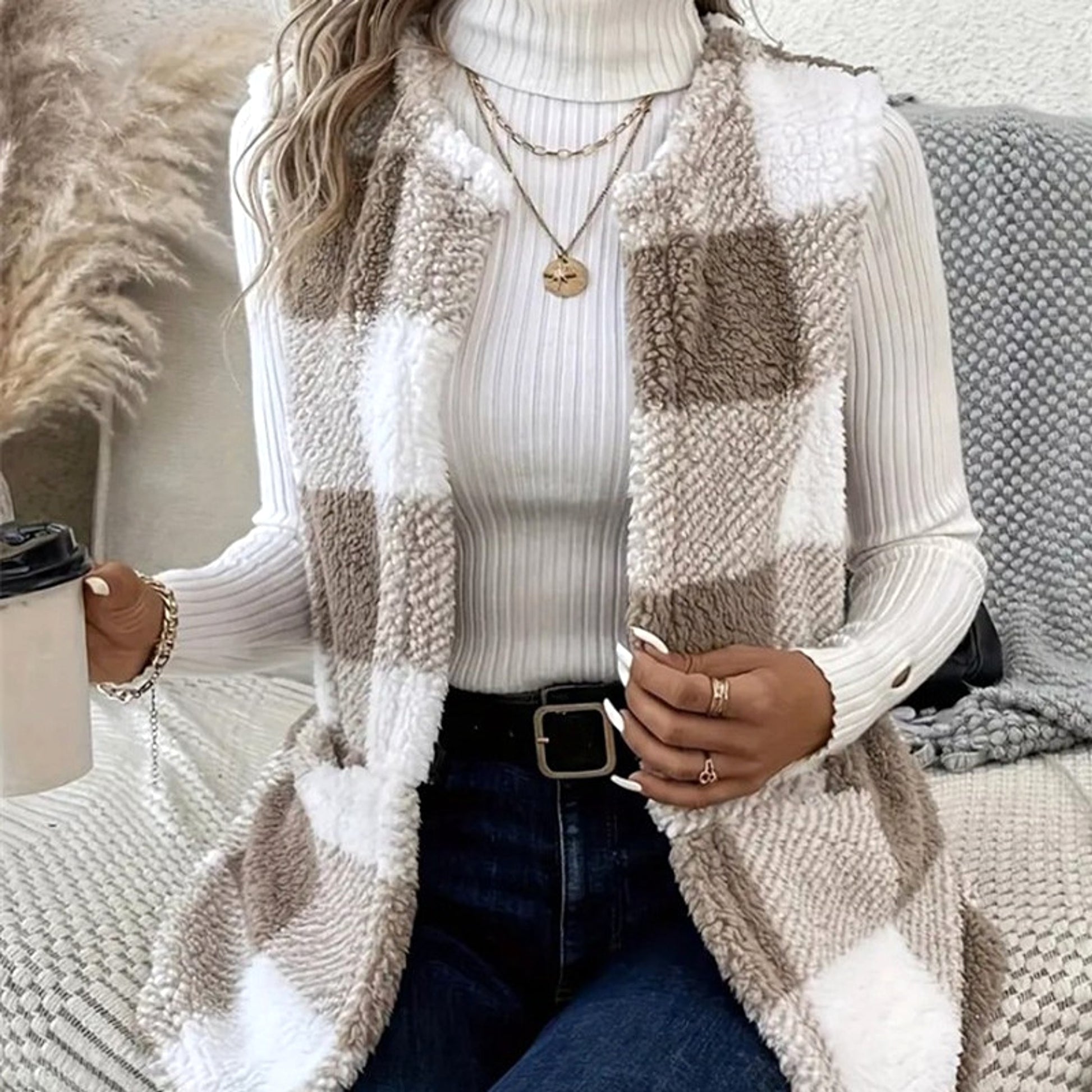 A.1 Coat Loose Plaid Color Stitching Knitted Cardigan Sweater Women - enhanced image 2