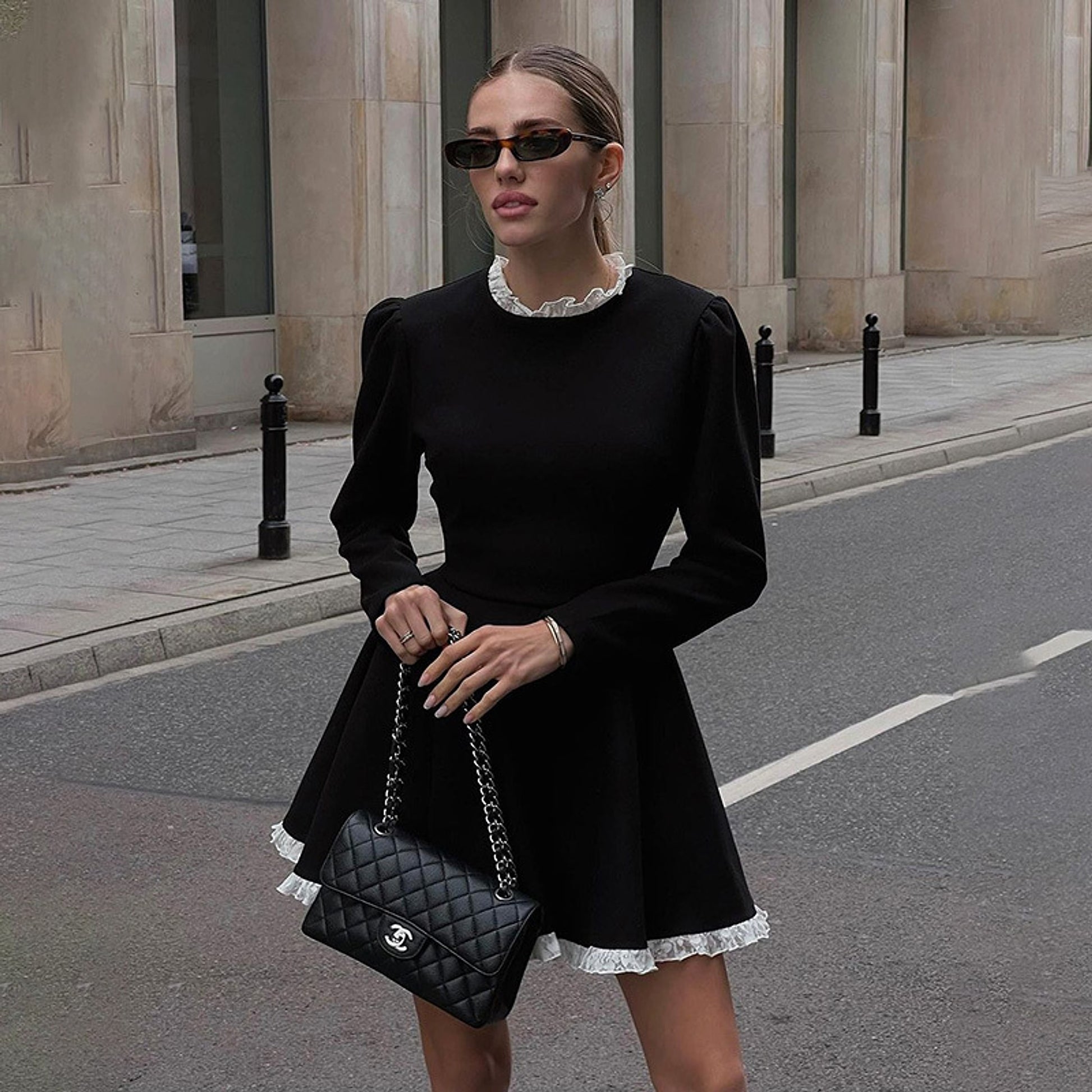 A1. Contrast Color Fungus Long Sleeve A- Line Dress Women - enhanced image 2