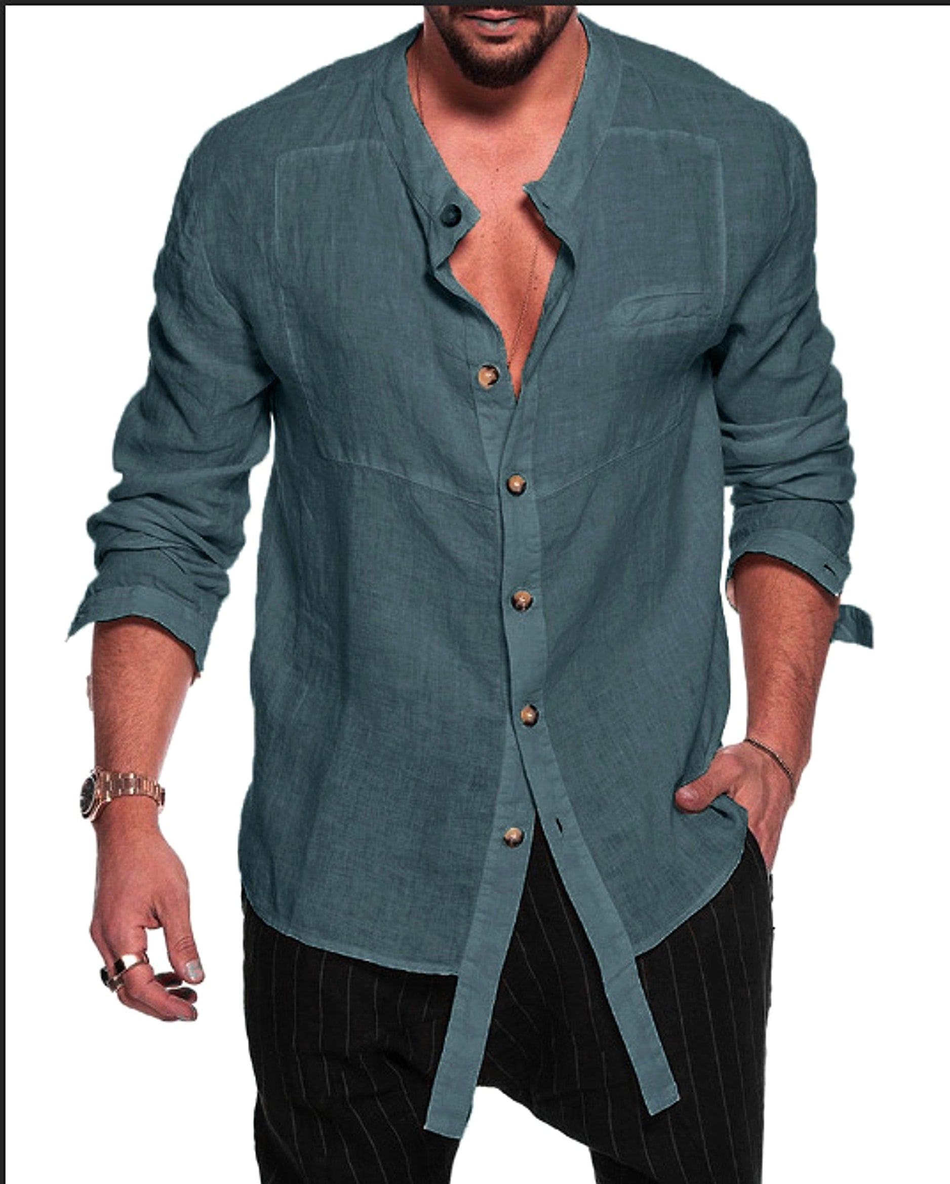 Cotton Linen Men's Long Sleeve DressShirt - enhanced image 2
