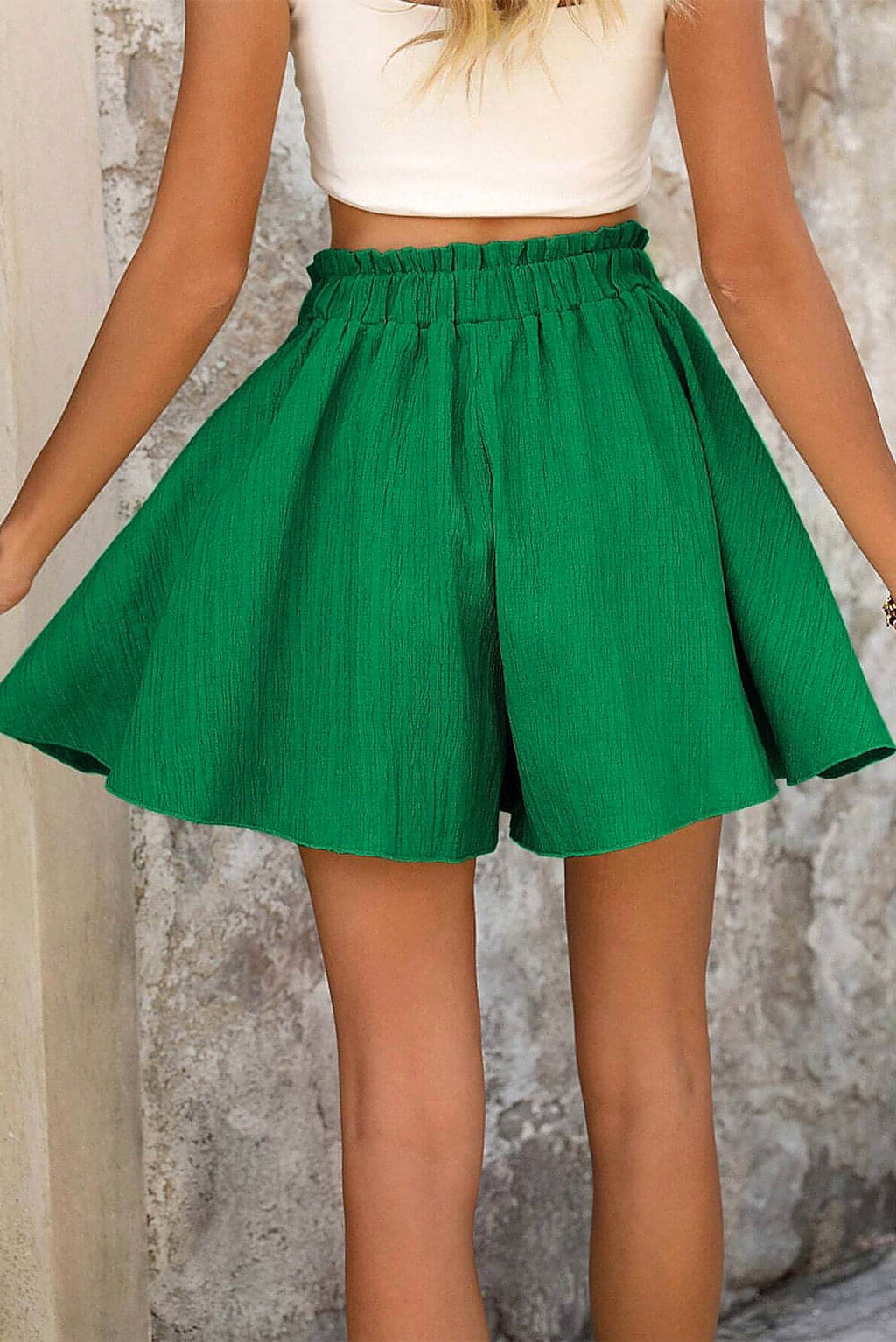 Dark Green Textured Frilled Lace-up High Waist Ruffle Wide Leg Shorts - enhanced image 2