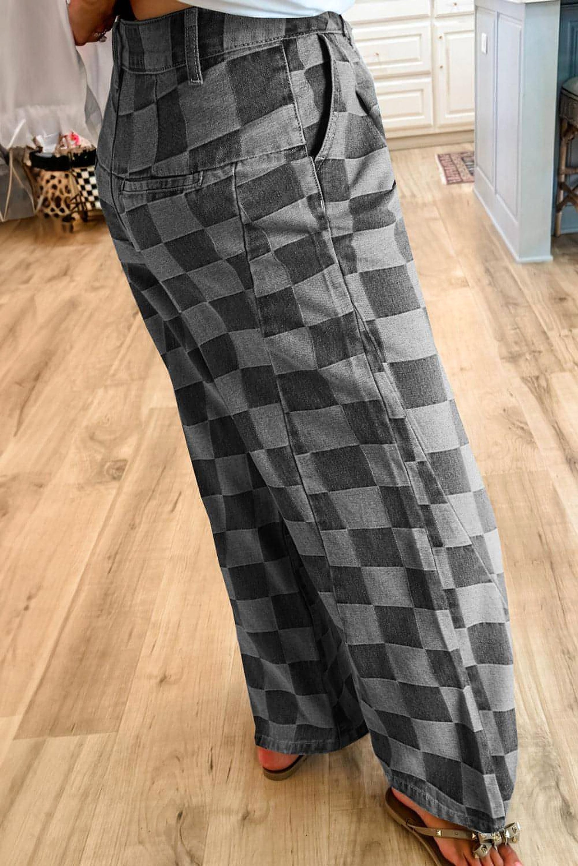 Dark Grey Checkered Denim Wide Leg Jeans - enhanced image 2