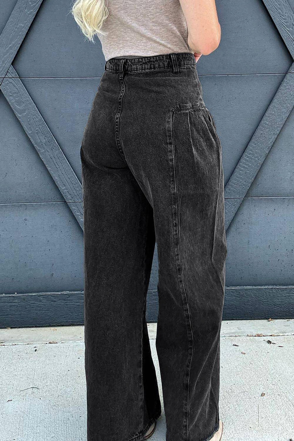 Dark Grey Pleated Wide Leg Mineral Wash Denim Pants - enhanced image 2