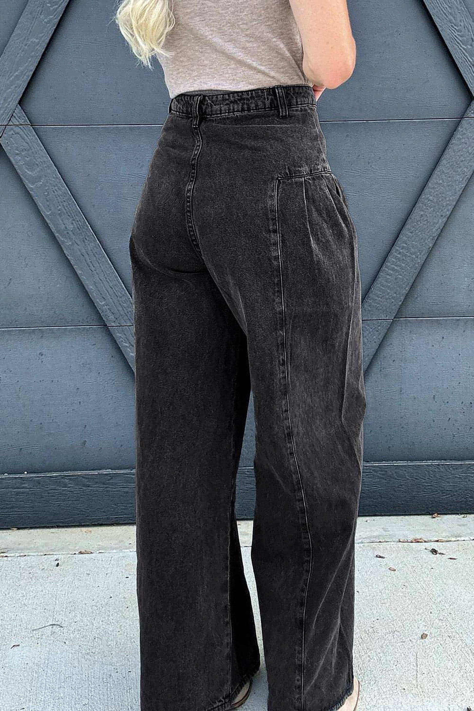 Dark Grey Pleated Wide Leg Mineral Wash Denim Pants - enhanced image 2