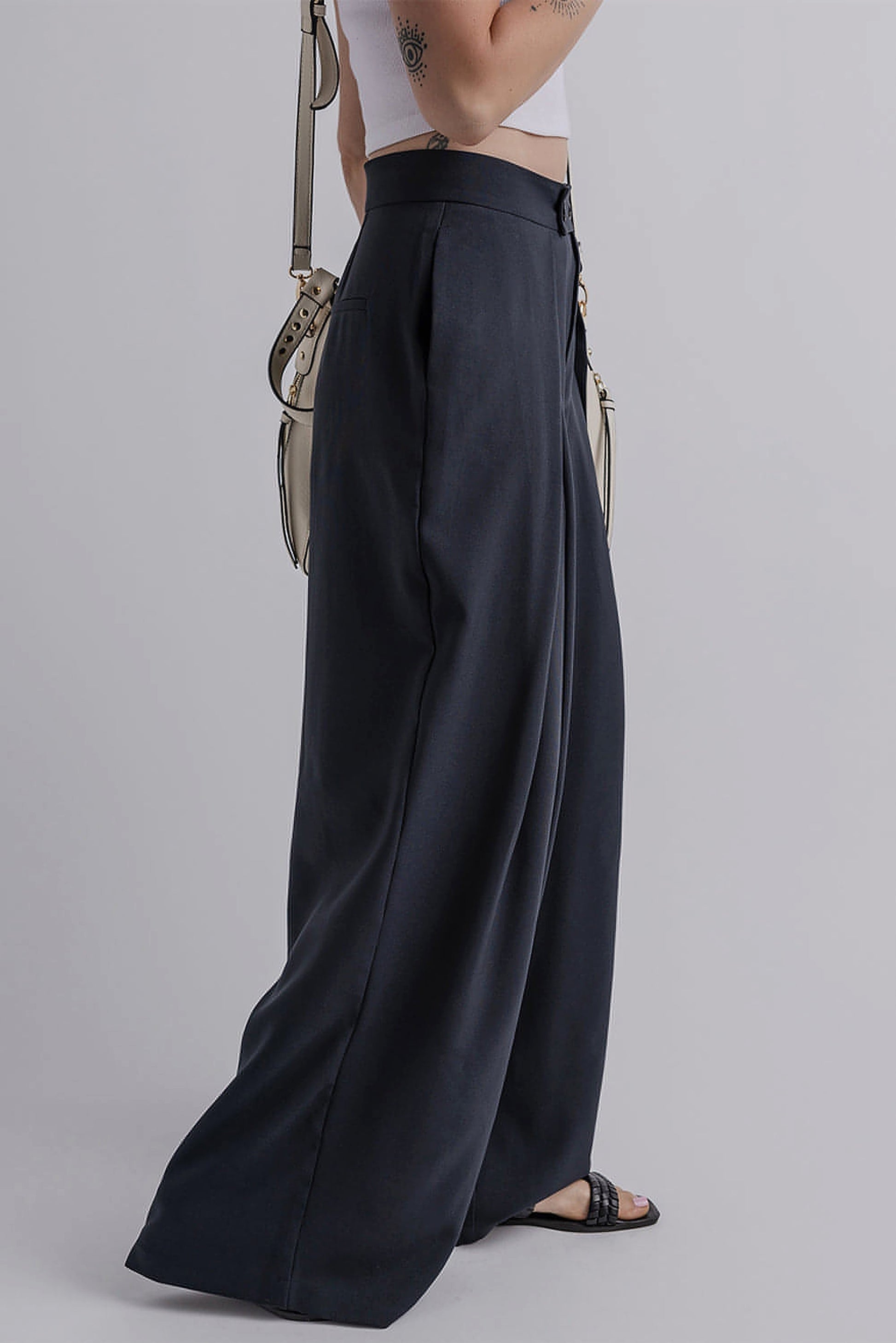 Dirty blue Dual Buttoned High Waist Pleated Wide Leg Pants - enhanced image 2