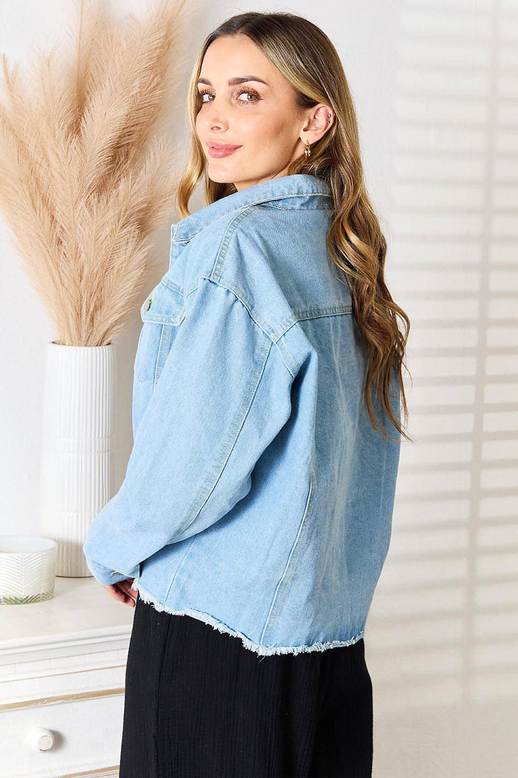 Double Take Dropped Shoulder Raw Hem Denim Jacket - enhanced image 2