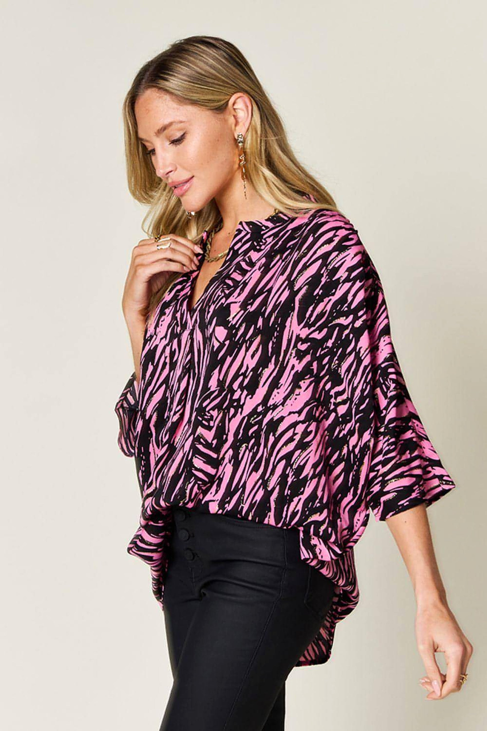 Double Take Full Size Printed Notched Three-Quarter Sleeve Blouse - enhanced image 2