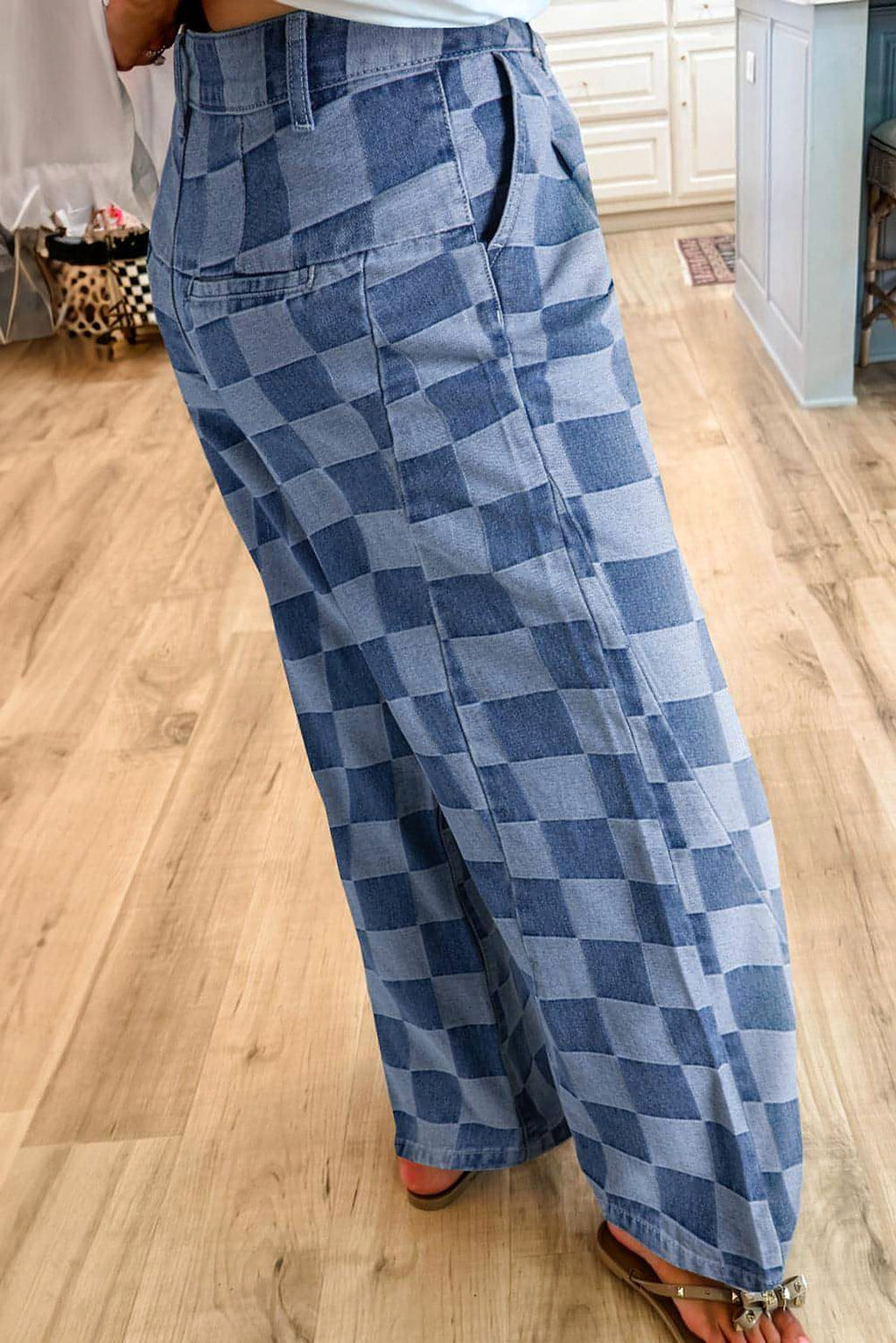 Dusk Blue Checkered Denim Wide Leg Jeans - enhanced image 2