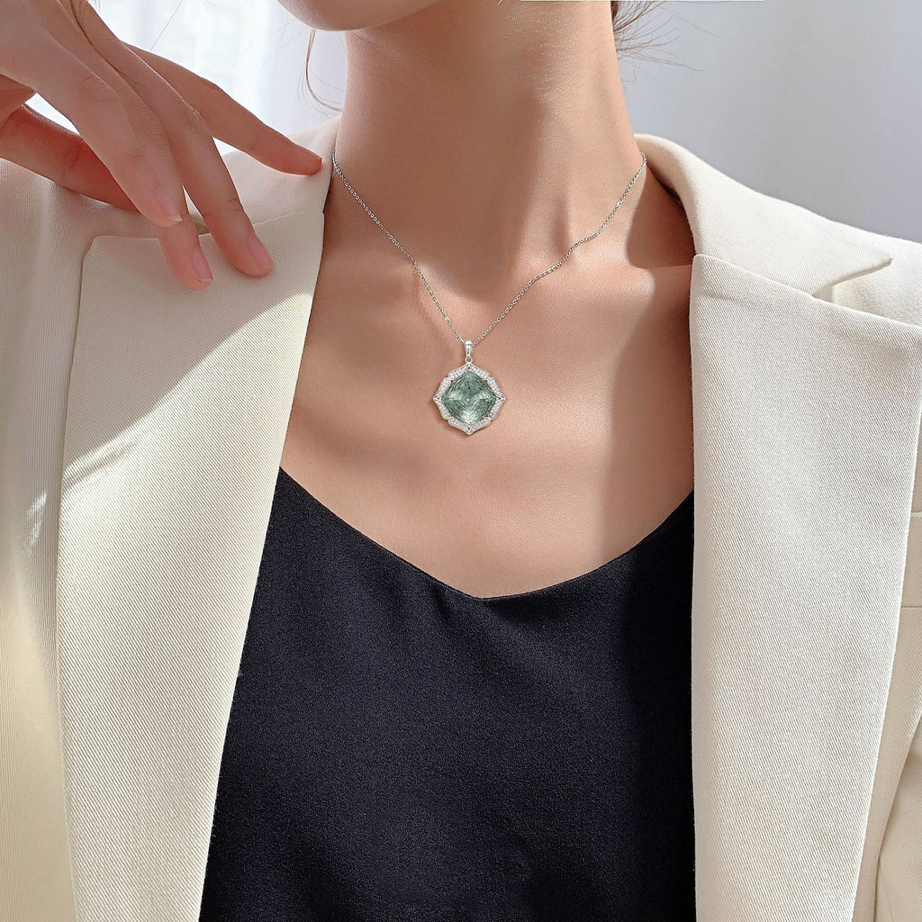 European And American Entry Lux Sweater S925 Silver Inlay Large Natural Green Crystal Pendant - enhanced image 2