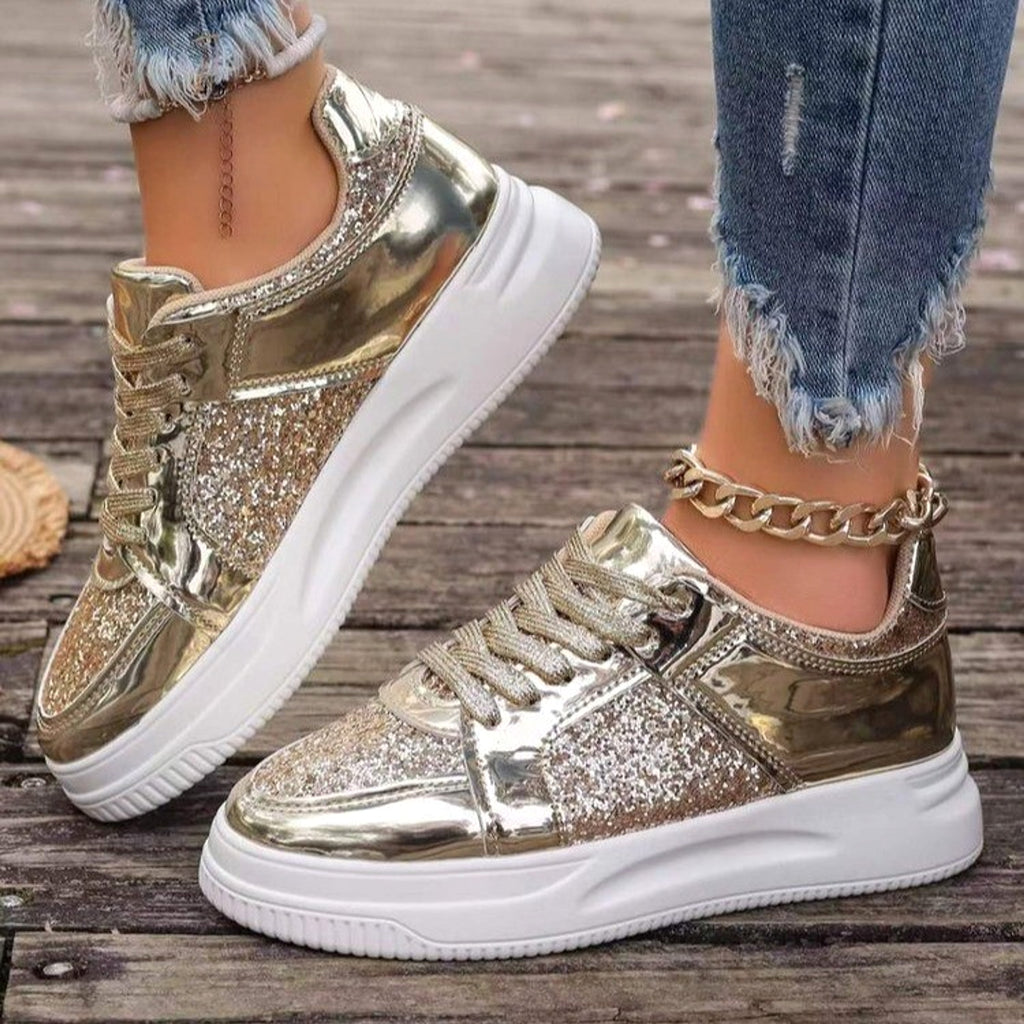 Fashion Lace-up Flat Shoes With Sequin Design Casual Sports Thick Bottom Round Toe Shoes For Women Non-slip Walking Sneakers - enhanced image 2
