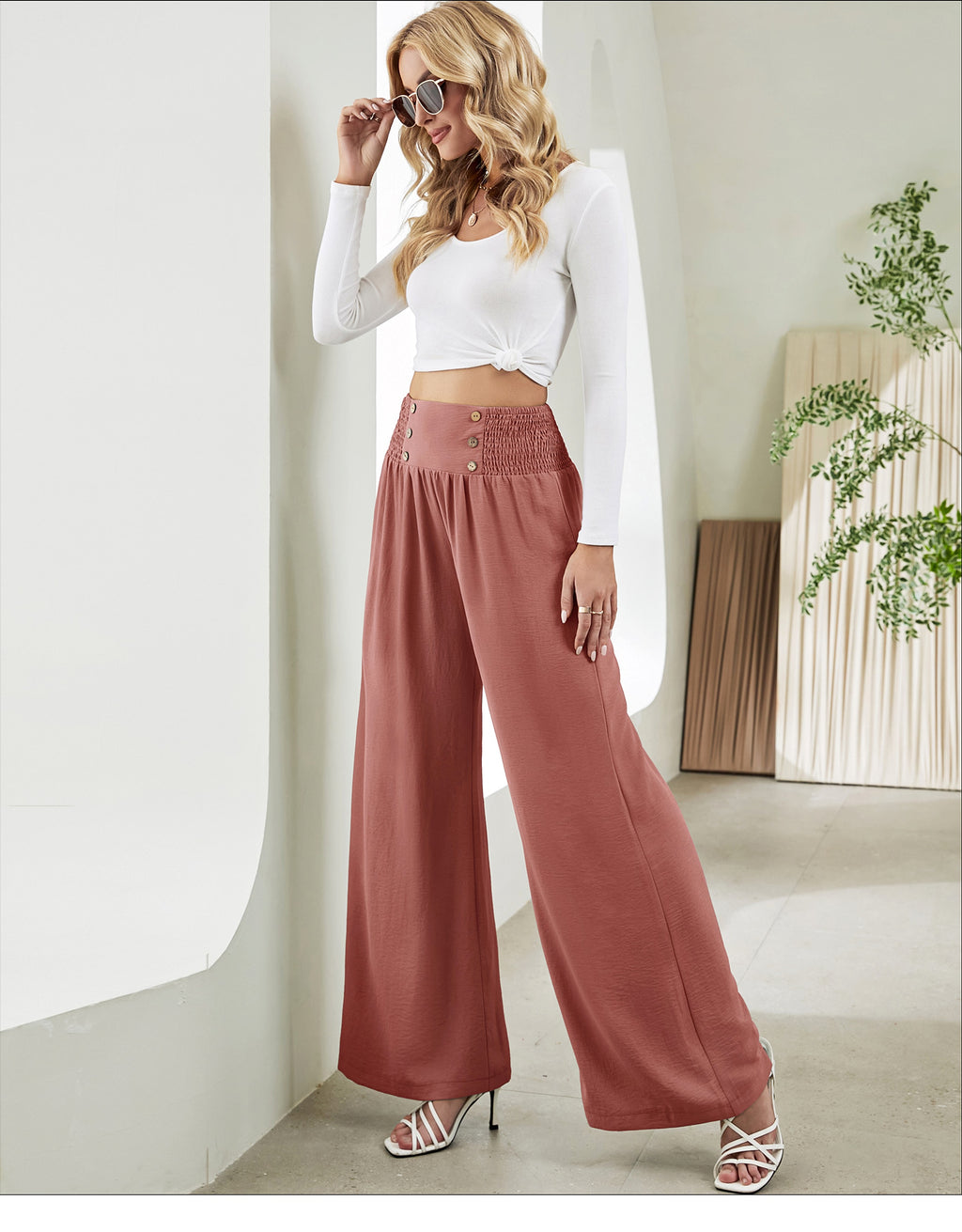 Fashion Straight Wide Leg Pants Elastic High Waist Casual Trousers For Women - enhanced image 2