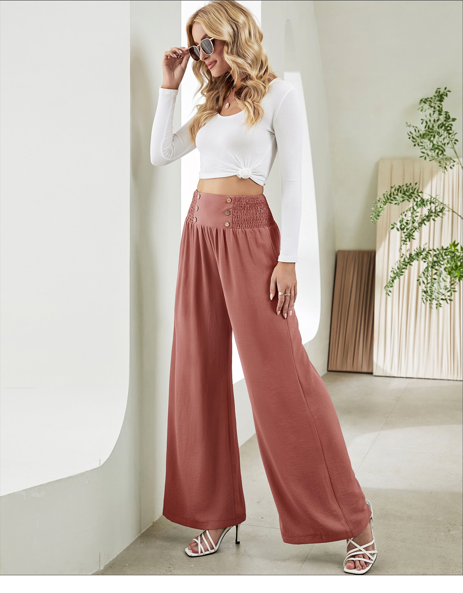Fashion Straight Wide Leg Pants Elastic High Waist Casual Trousers For Women - enhanced image 2