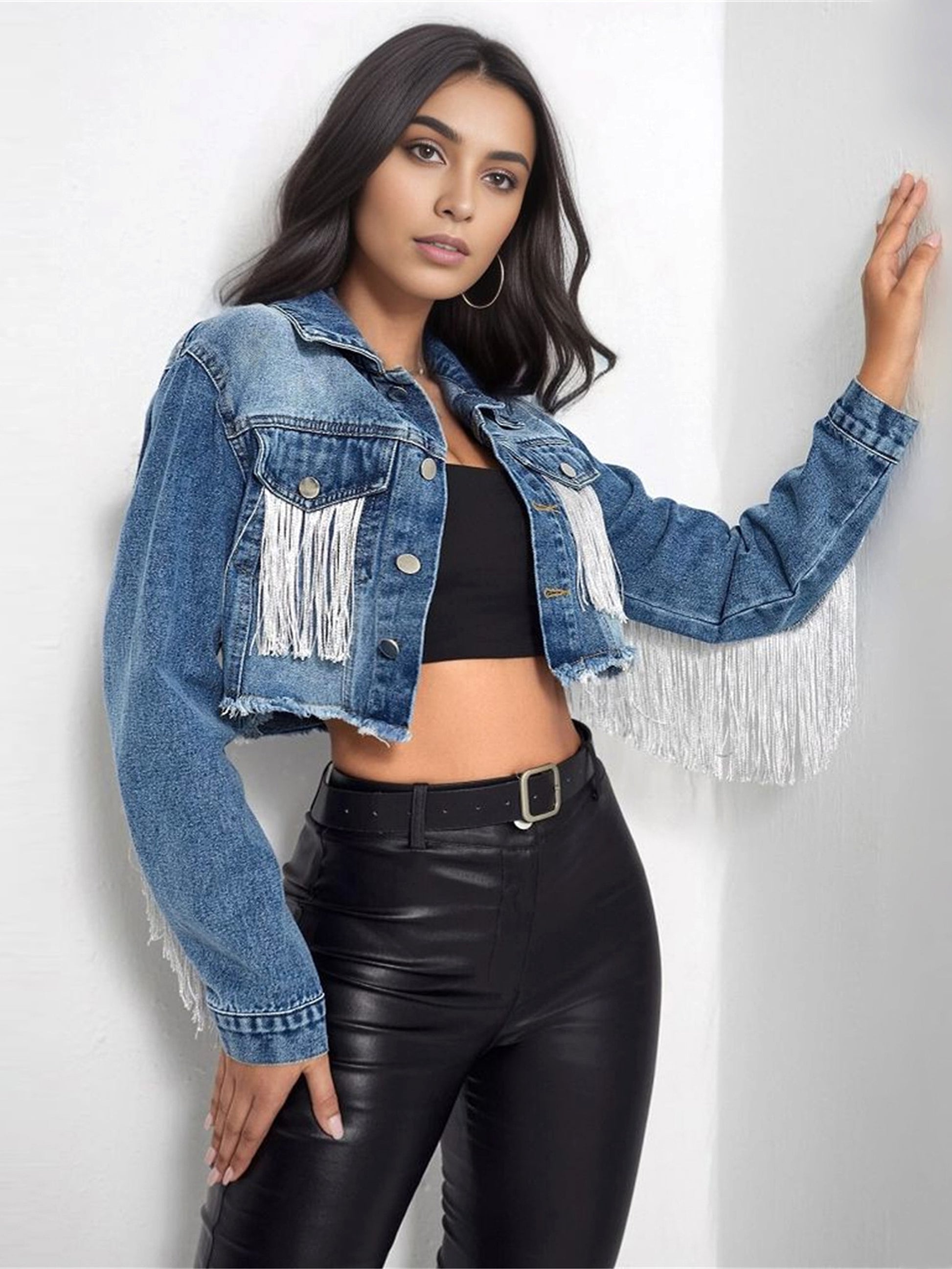 A1. Fashion Tassel Stitching Do The Old Cowboy Jacket For Women - enhanced image 2