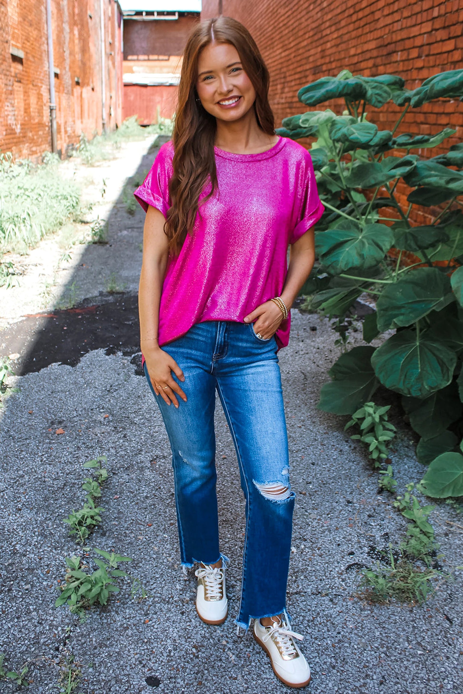 Festival Fuchsia Shine Shimmer Cuffed Short Sleeve Casual Top - enhanced image 2