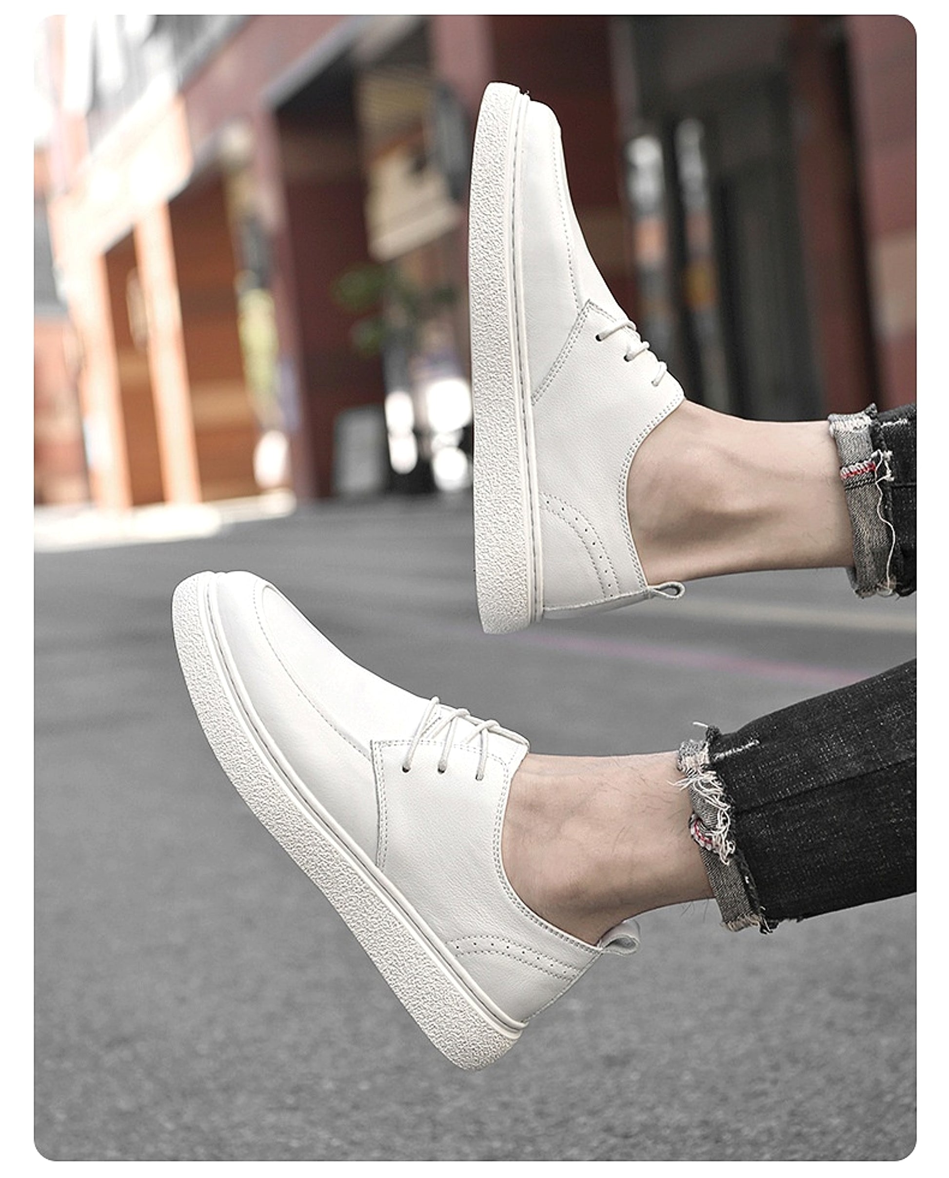 First Layer Cowhide Men's Casual Pumps Sole Leather Round Head Low-cut White Shoes - enhanced image 2