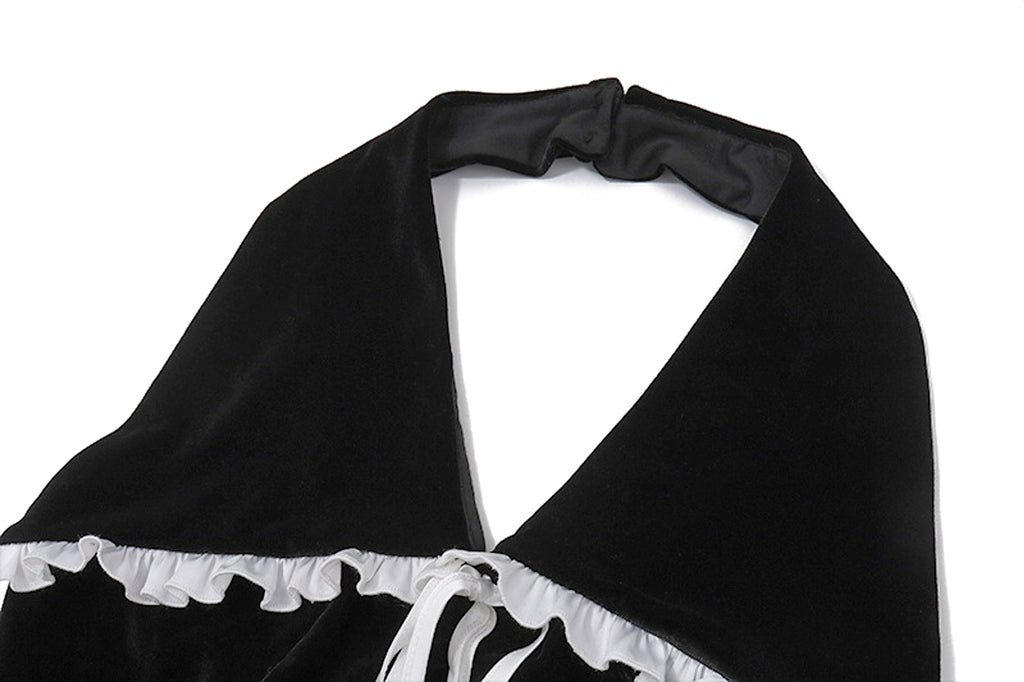 Flounce Trim Lace Up Backless Suede Slim-fit Halter Dress Women - enhanced image 2