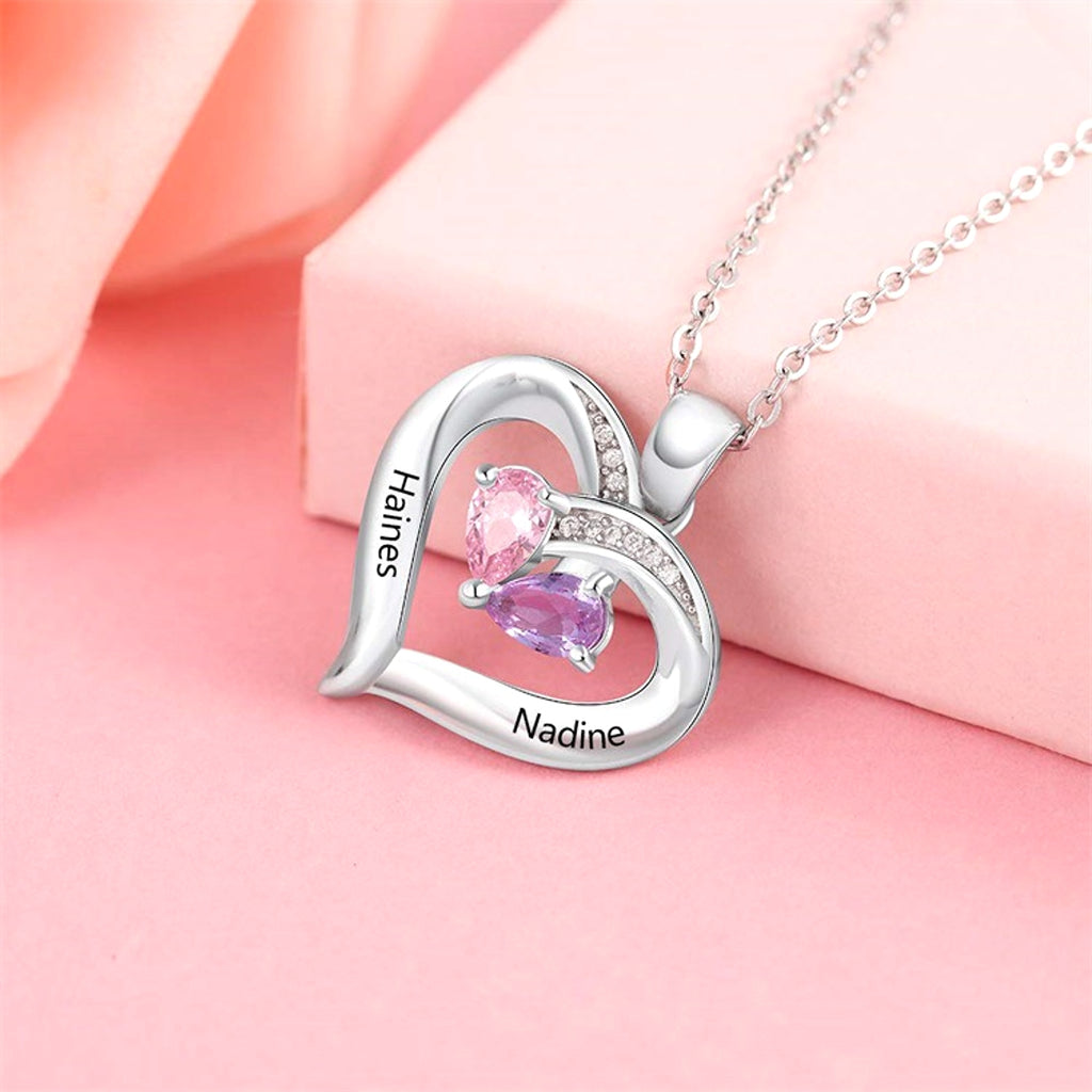 Personalized Heart-Shaped Gemstone Necklace – Custom Couple Pendant - enhanced image 2