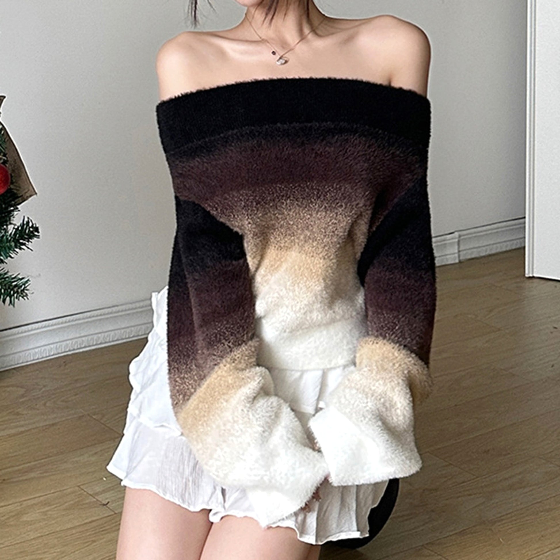 Gradient Off-neck Long-sleeved Woolen Top Women Sweater - enhanced image 2