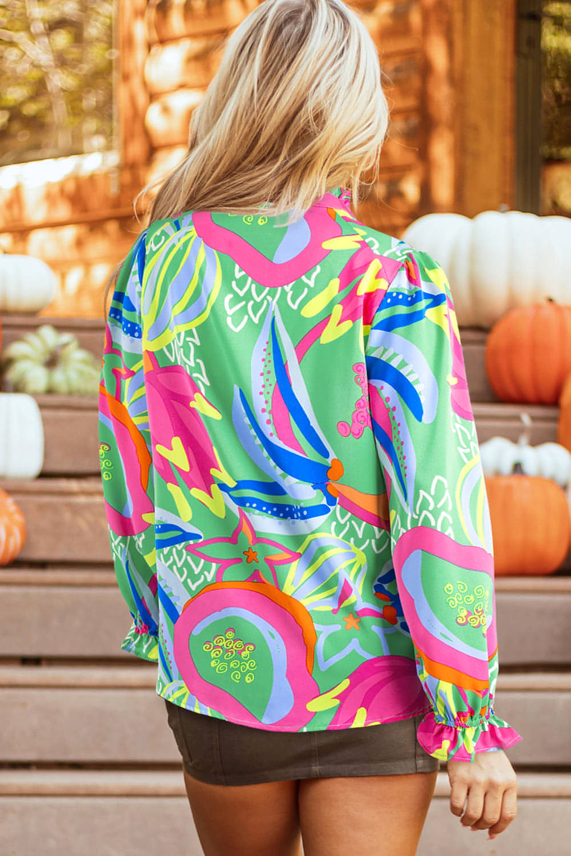 Green Abstract Print Ruffled Sleeve Buttoned V Neck Blouse - enhanced image 2