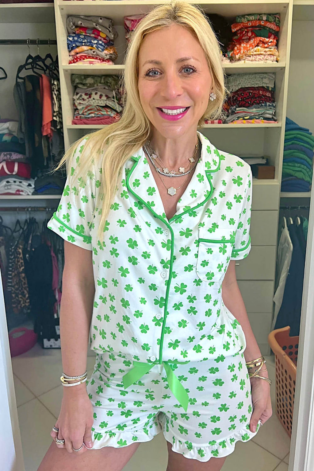 Green Clover Printed Short Sleeve and Ruffled Shorts Pajama Set - enhanced image 2