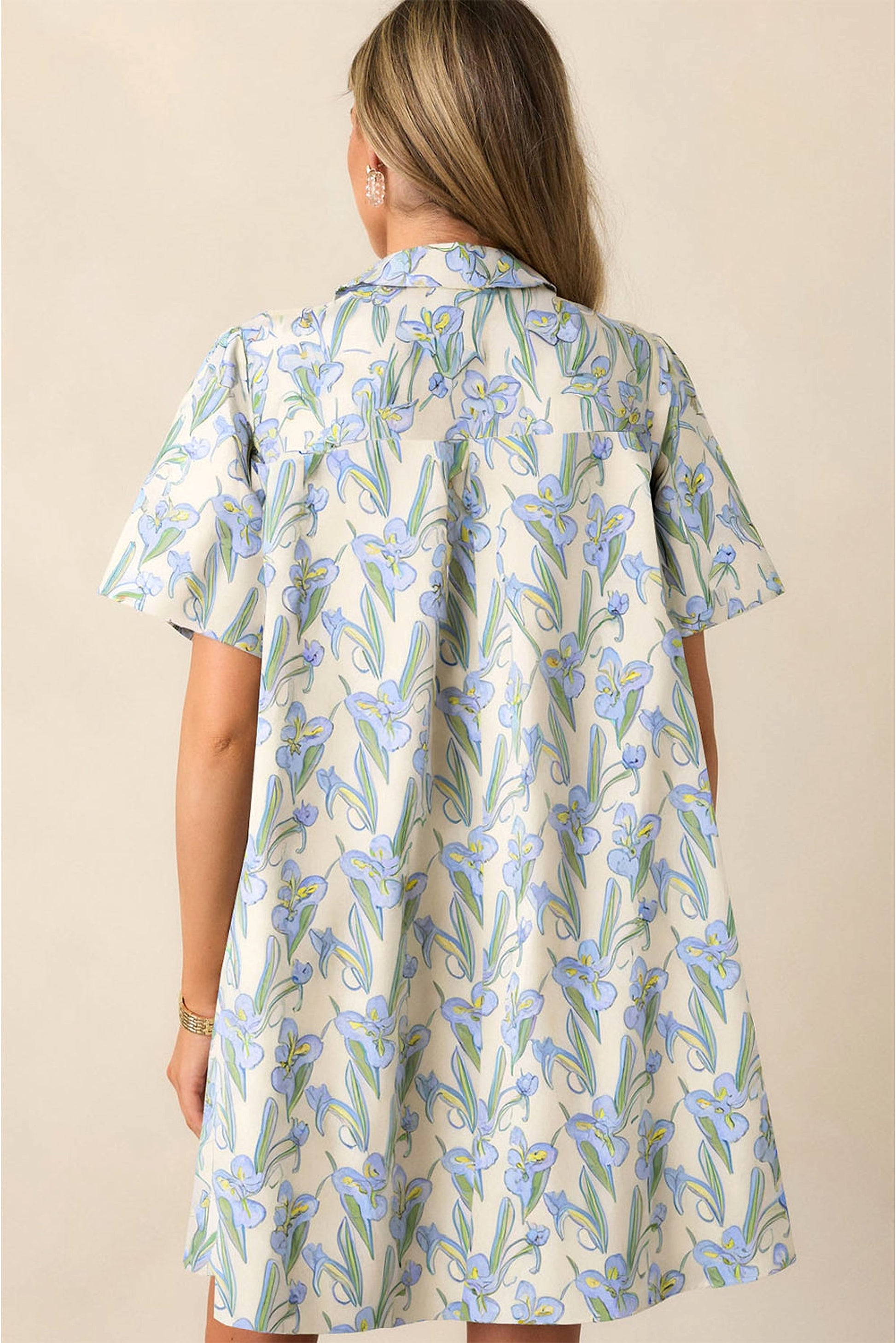 Green Floral Print Shirtcollar Buttoned Short Sleeve Shift Dress - enhanced image 2