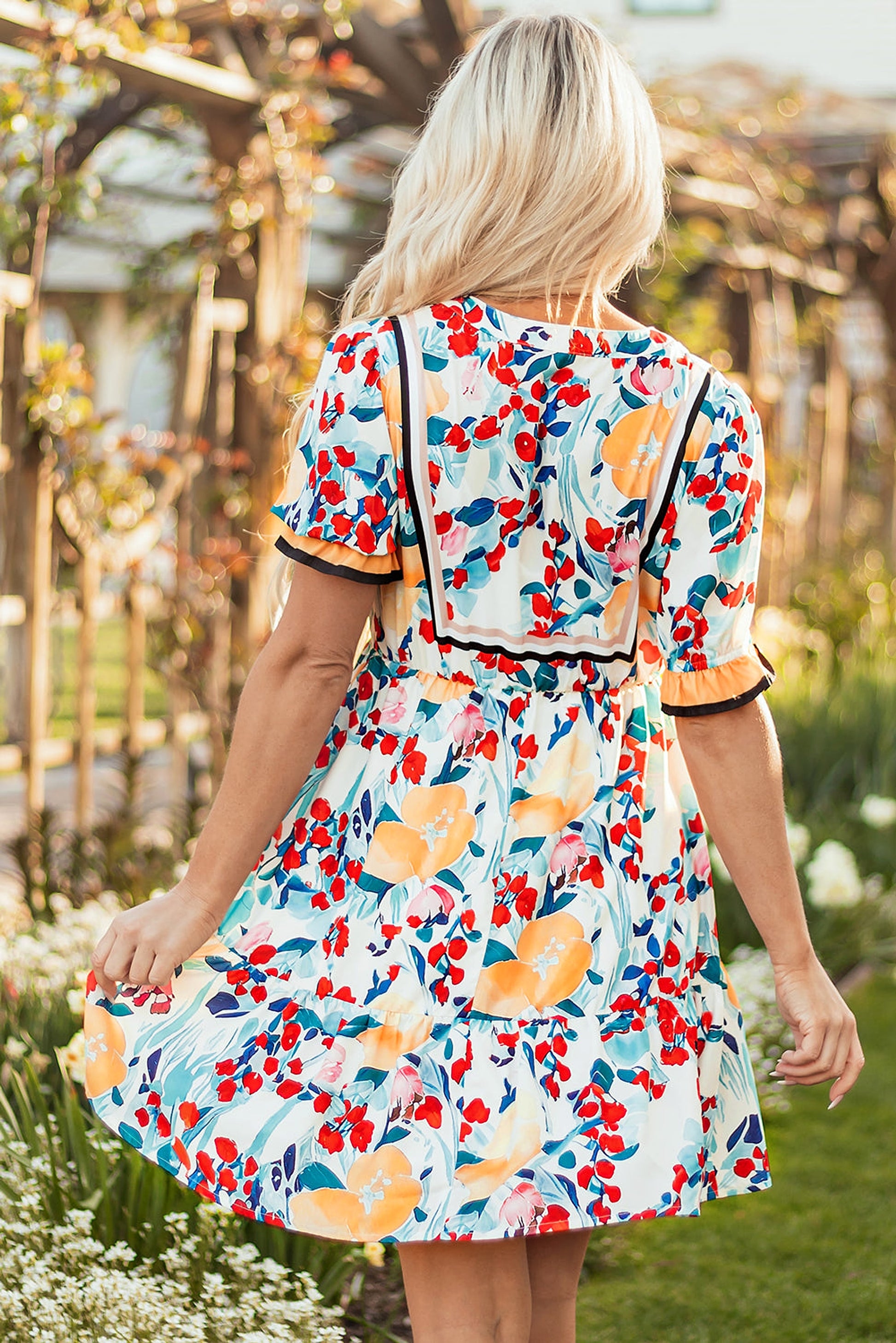 Green Floral Print Zipper Ruffled Short Sleeve High Waist Mini Dress - enhanced image 2