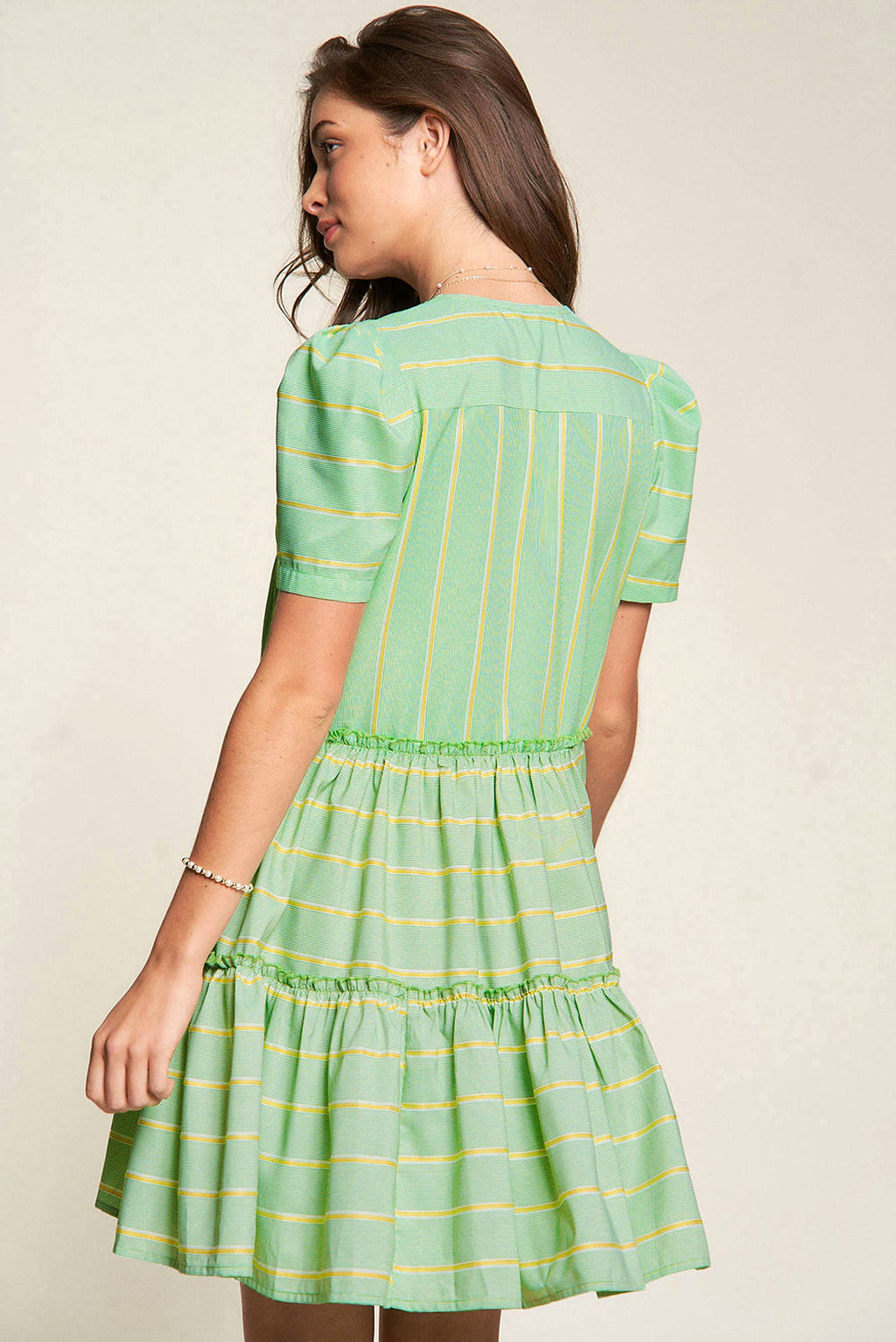 Green Stripe V Neck Short Sleeve Frilled Detail A-line Dress - enhanced image 2