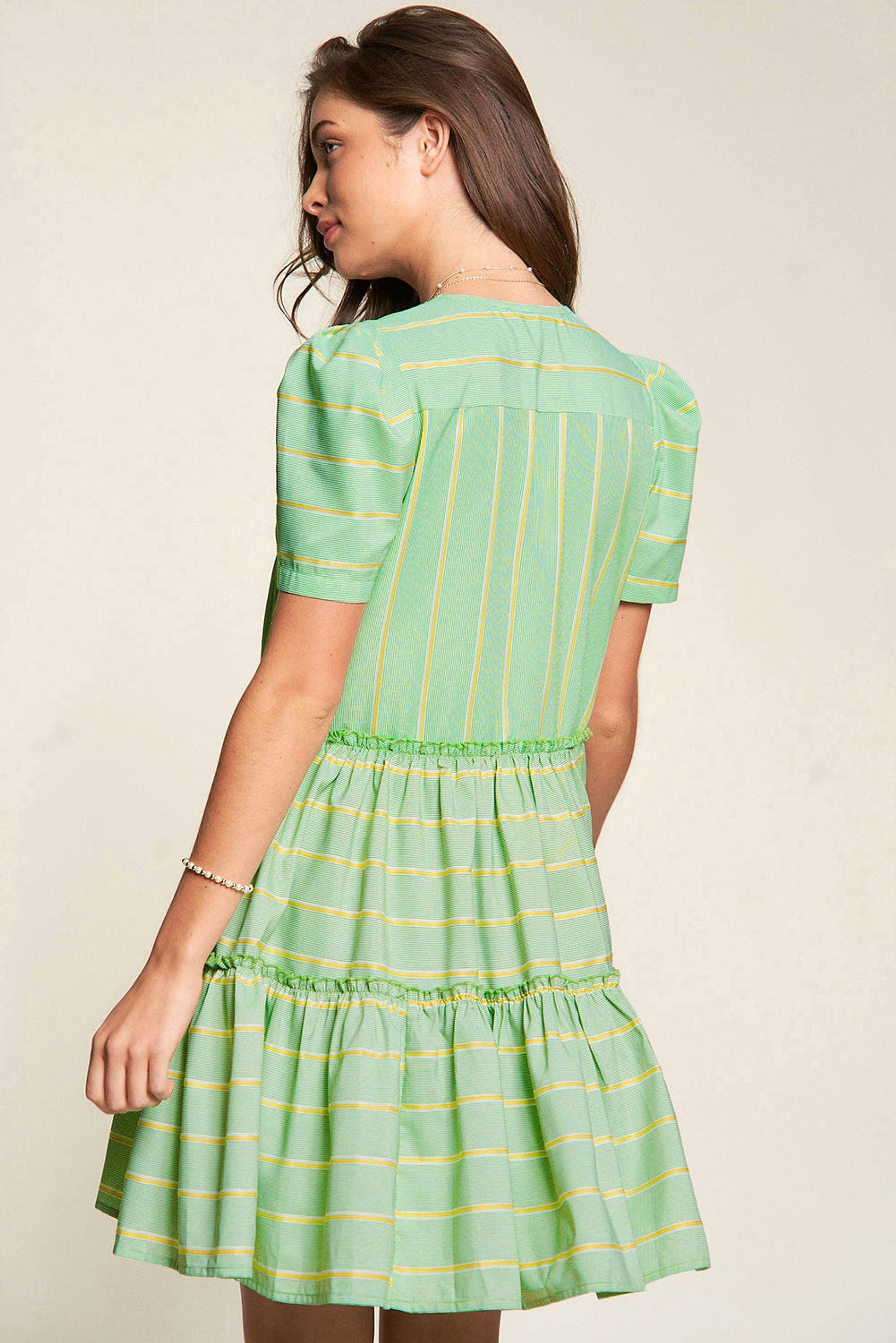 Green Stripe V Neck Short Sleeve Frilled Detail A-line Dress - enhanced image 2