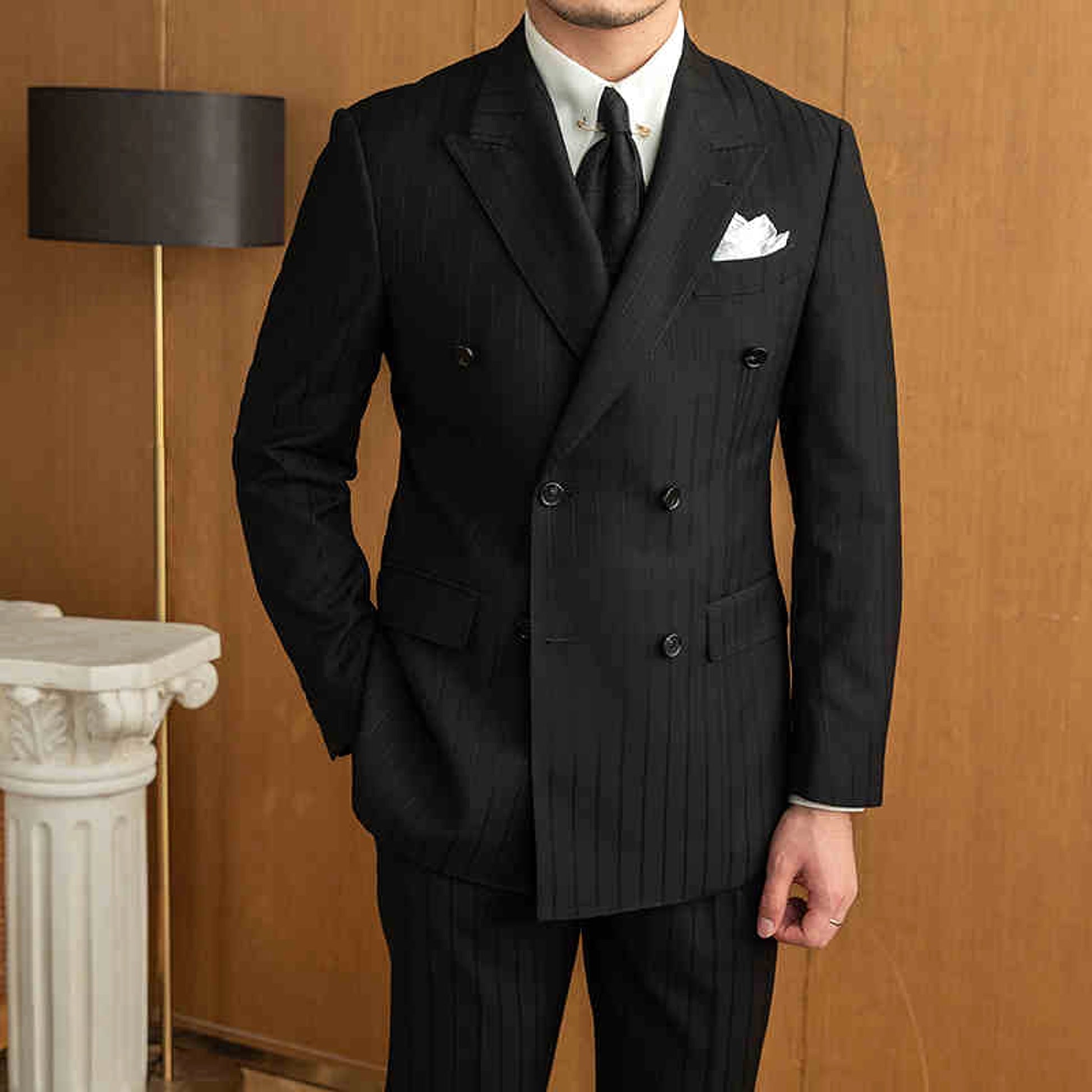 VestraForm™ – Handsome Black Double-Breasted Pinstripe Suit (2 Piece Set) - enhanced image 2