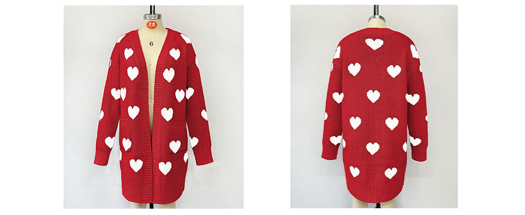Heart Knitted Cardigan Love Pocket V-neck Mid-length Sweater - enhanced image 2