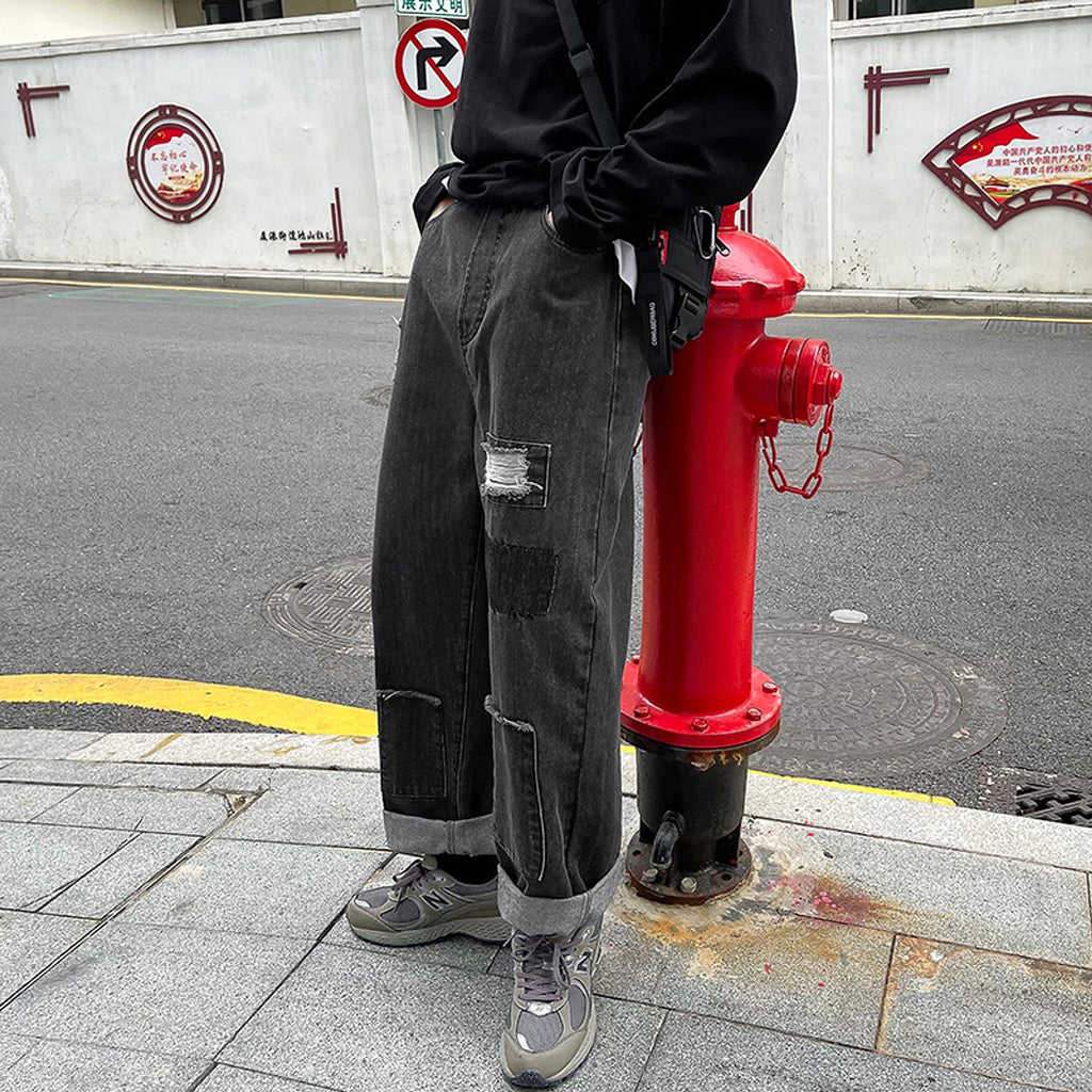 High Street Trousers Ripped Jeans Men Loose Straight Leg - enhanced image 2