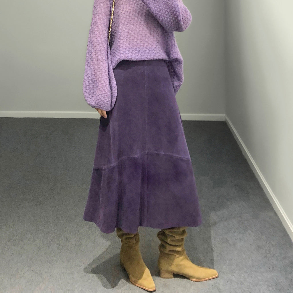 High Waist Sheepskin Suede Commute Minimalist Overknee Long Skirt - enhanced image 2