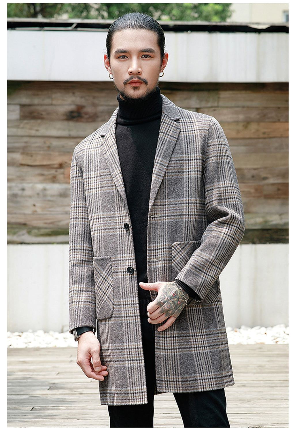 Houndstooth reversible men's plaid woolen trench coat - enhanced image 2