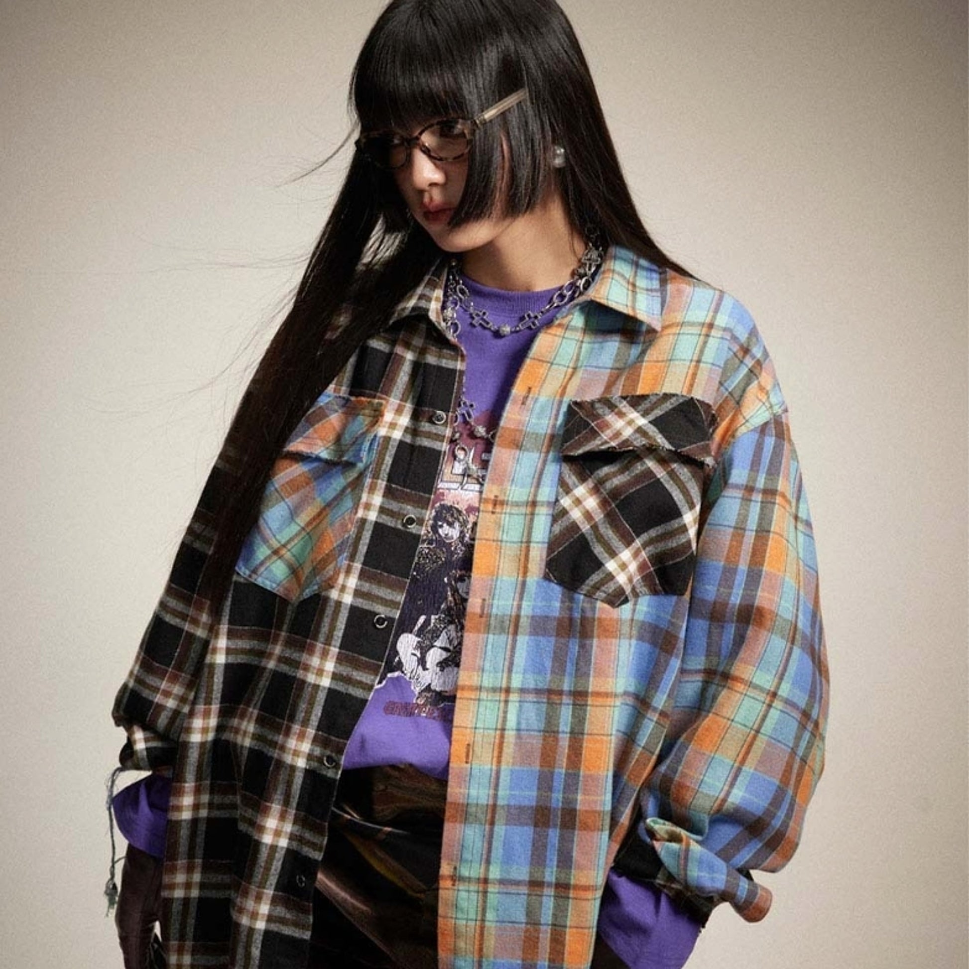 Japanese Trendy Spliced Plaid Blouse DressShirt CS51 - enhanced image 2